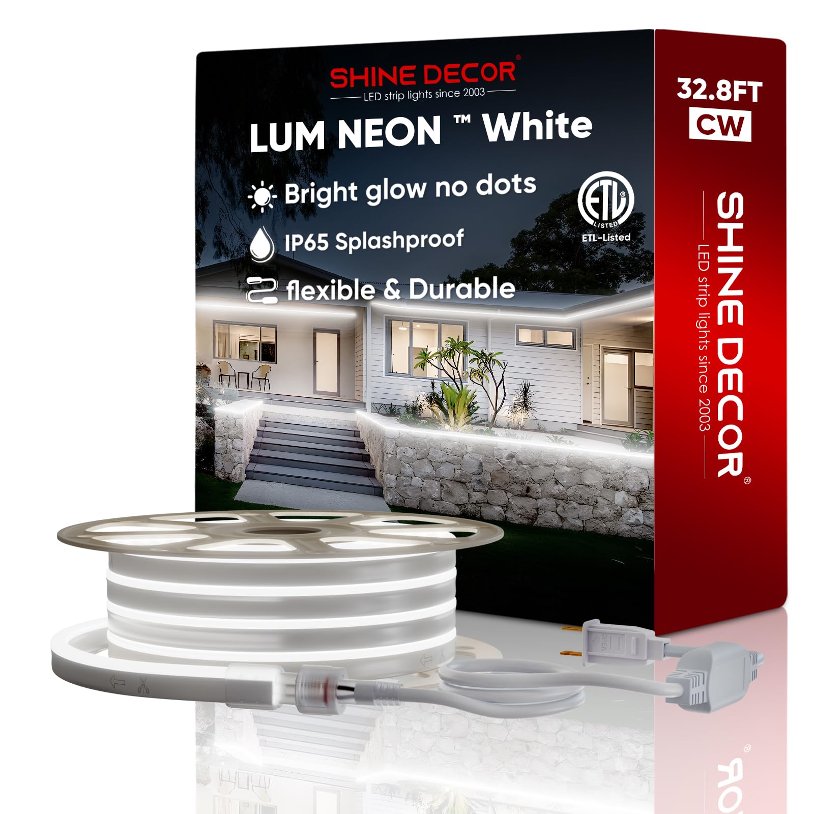 Shine Decor LED Neon Rope Lights 32.8ft - Expandable & Cuttable 120LEDs/M Bright Strip Lighting - ETL Certified Cold-Resistant & IP65 Waterproof - 6300K Cool White for Indoor/Outdoor Use - Perfect for Home Decor, Parties, Weddings and Commercial Signage