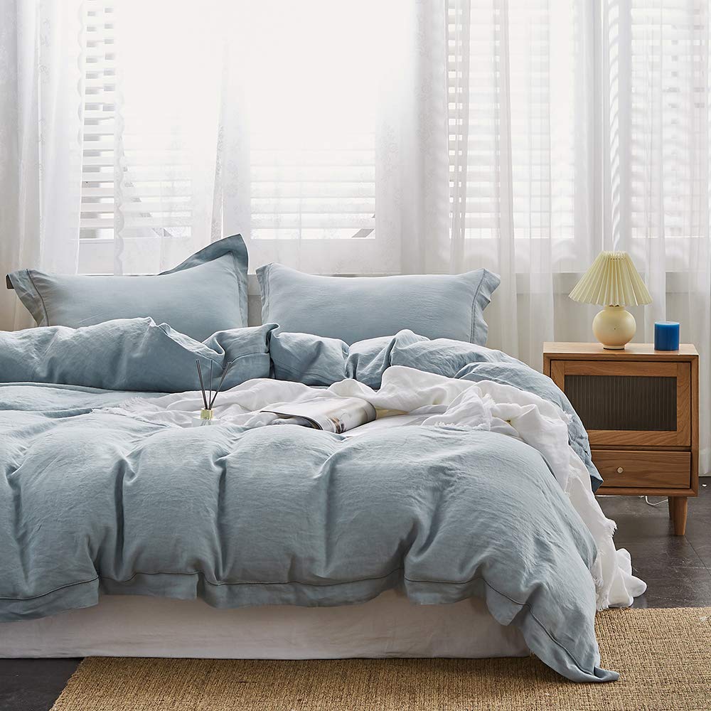 Premium 100% Linen Duvet Cover Set with Elegant Embroidery - 3 Piece Washed Farmhouse Bedding (King Size, Dusty Blue) | Soft, Breathable & Button Closure | Perfect for Master Bedroom, Guest Room & Cozy Farmhouse Decor