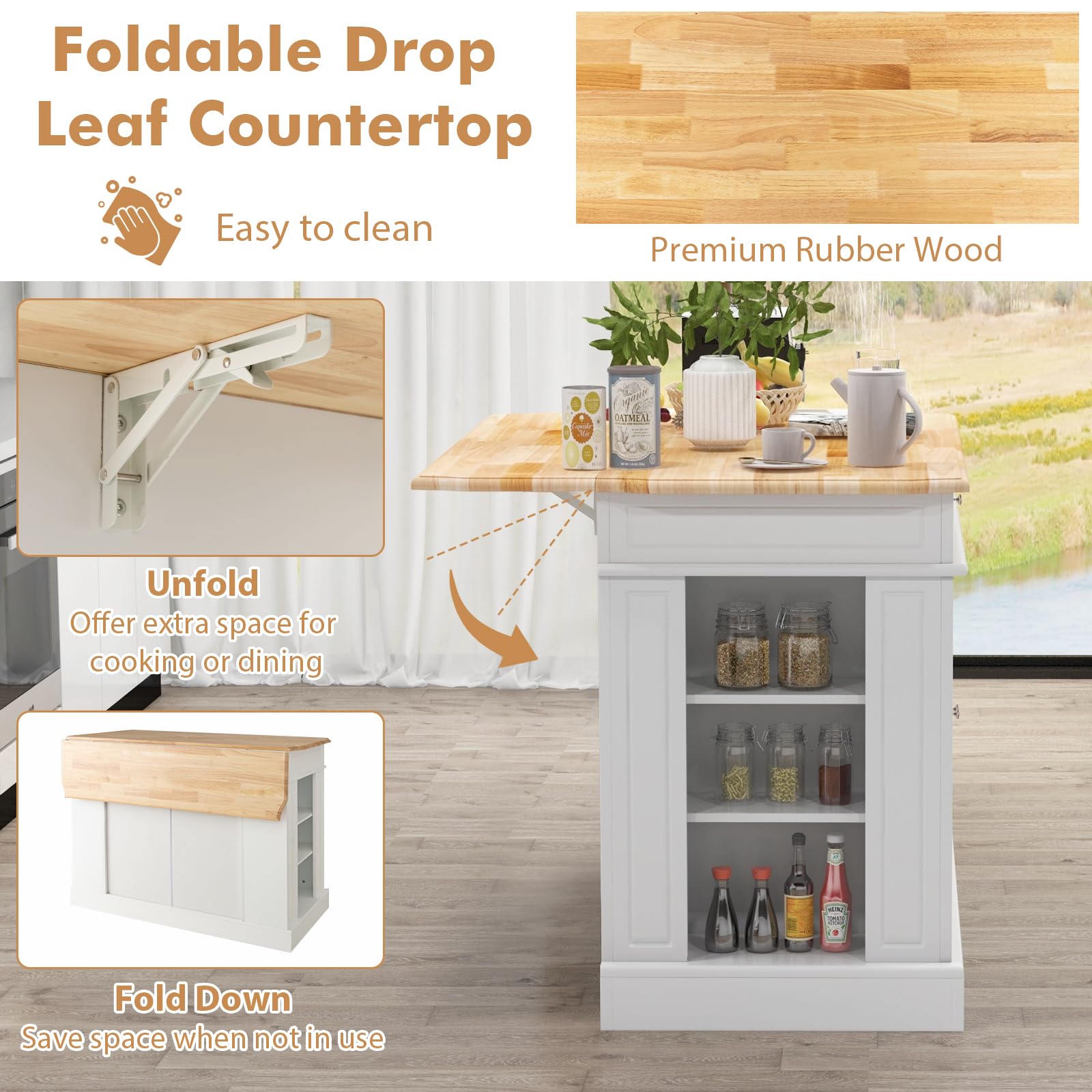 White Kitchen Island with Drop Leaf & Storage - Rubber Wood Breakfast Bar, 2 Drawers, Adjustable Shelves & Spice Racks | Perfect for Small Kitchens, Dining Rooms & Home Offices | Space-Saving Stationary Island Table for Meal Prep & Entertaining