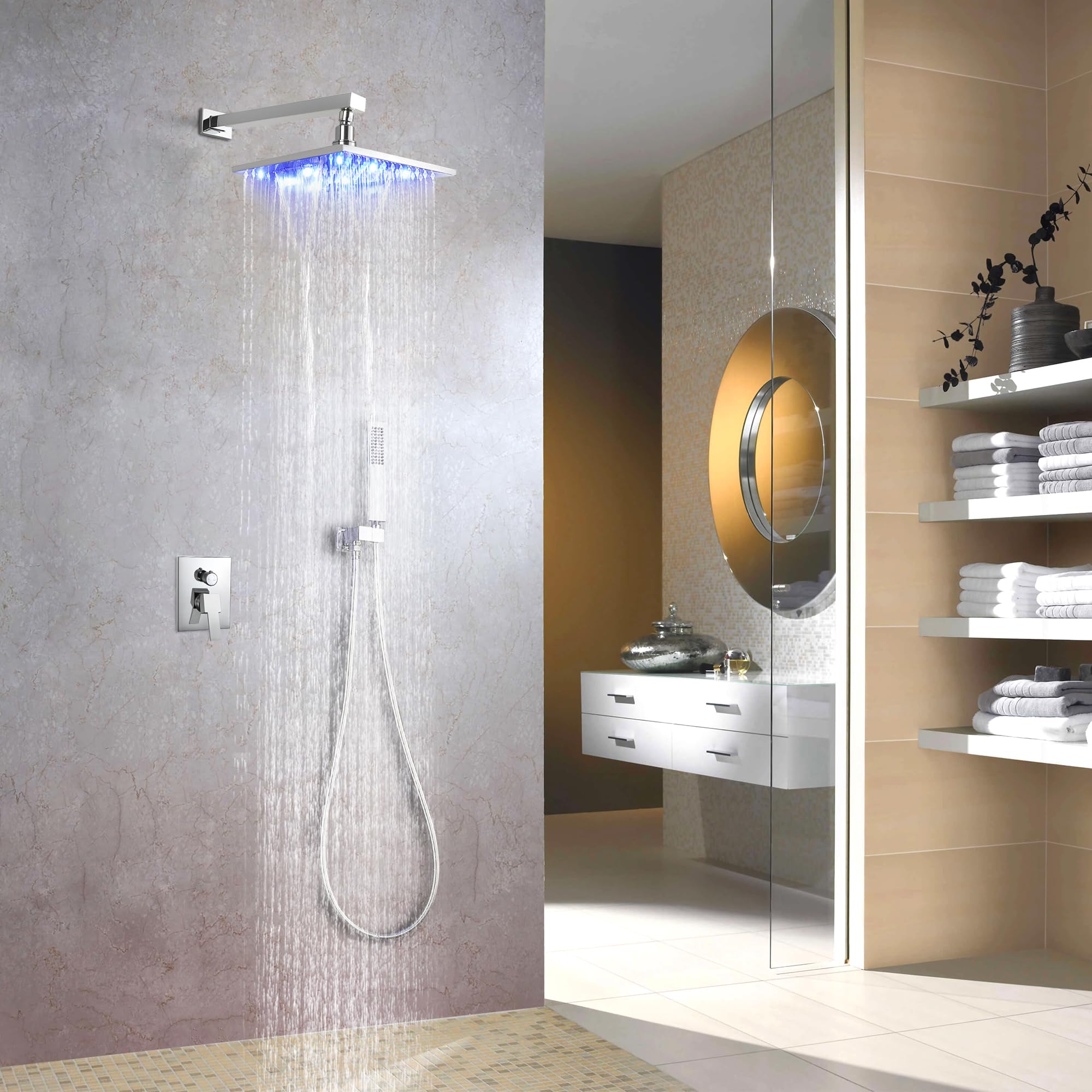 SKOWLL Rainfall Shower System - 10 Inch Wall Mounted Shower Head with Handheld Spray, Solid Brass Pressure Balancing Mixer Valve in Polished Chrome - Perfect for Luxurious Spa-Like Bathroom Experience