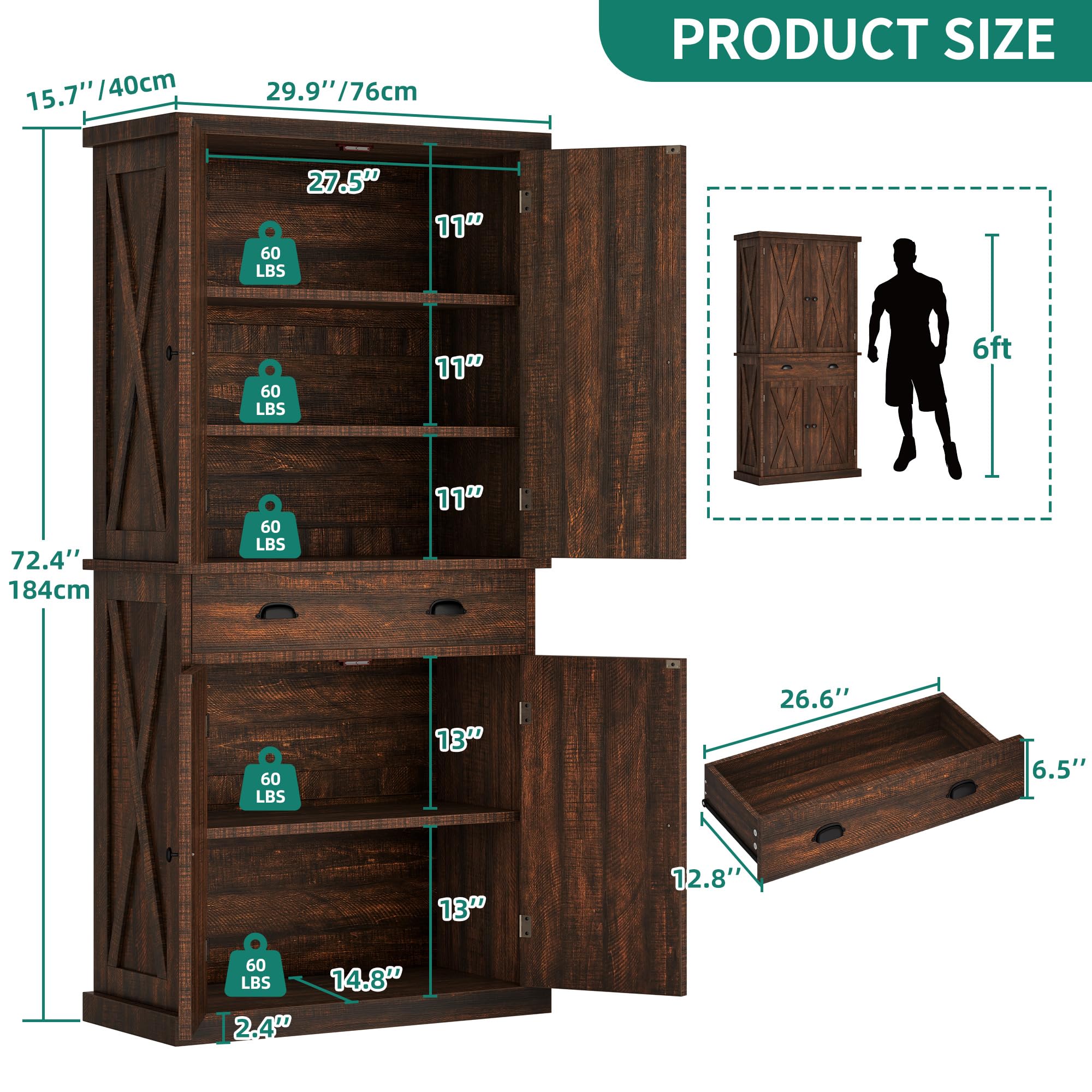 YITAHOME 72 Inch Tall Kitchen Pantry Cabinet with Barn Doors - Rustic Farmhouse Storage Cabinet with Drawer & Adjustable Shelves - Solid Wood Cupboard for Kitchen, Dining Room, Living Room - Brown Oak Finish - Perfect for Small Space Organization & Farmhouse Decor