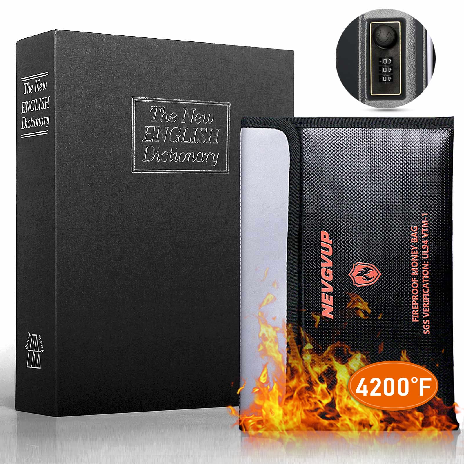 Fireproof Diversion Book Safe with Combination Lock - 4200°F Rated Hidden Storage Box (10.5