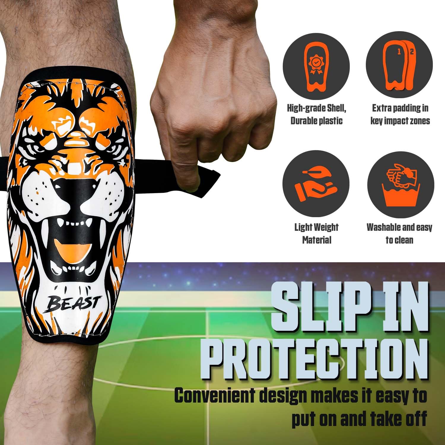 Synco Beast Shin Guard - Professional Adjustable Football Shin Guards with Velcro Strap for Youth & Adults | Superior Protection, Comfort & Lightweight Design | Perfect for Soccer Training, Matches & Sports Safety