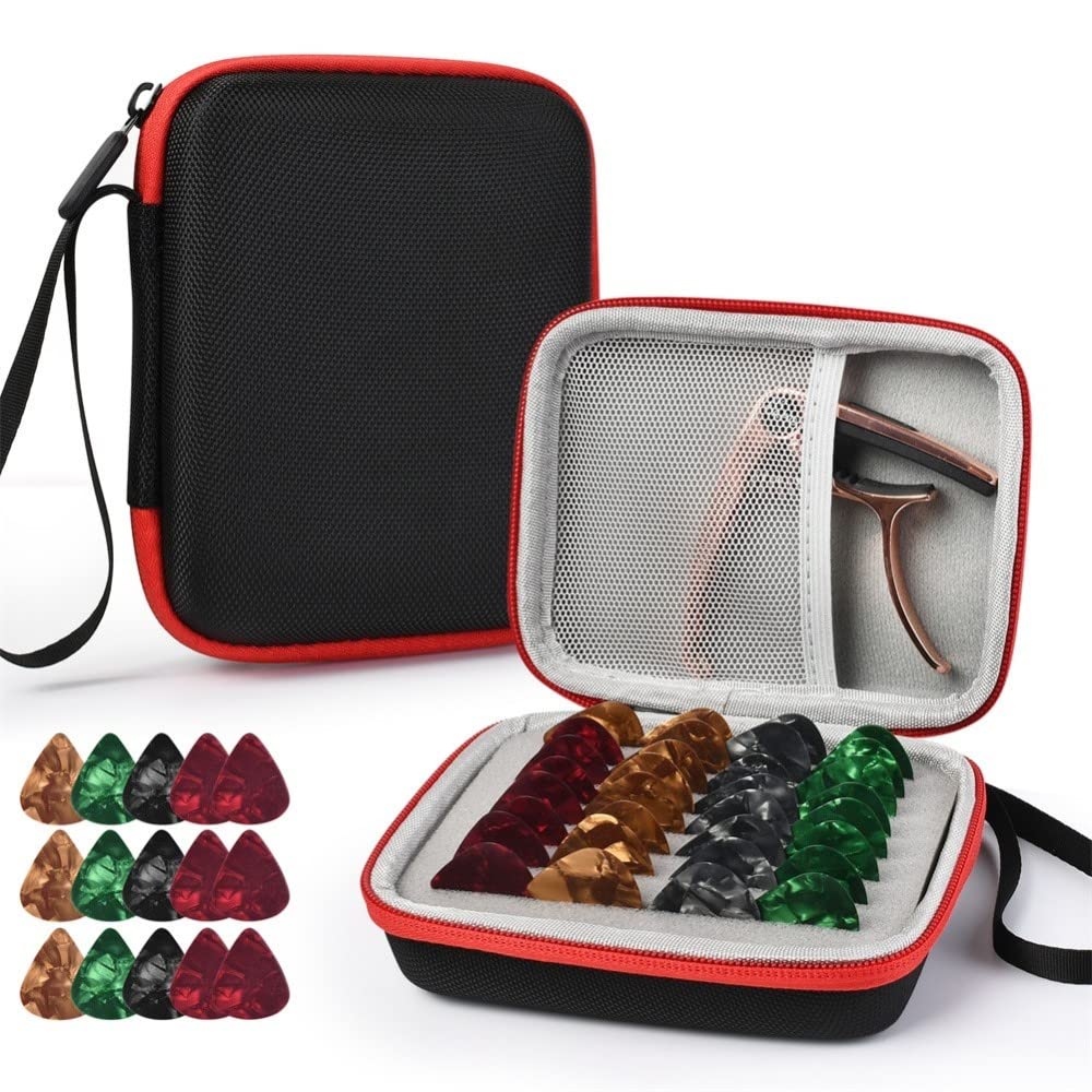 Premium Guitar Pick Holder Case with 15 Picks - Durable Storage Box & Protective Cover for Guitar Players - Compact Organizer Bag (Black+Red) - Perfect for Practice, Performances & Travel Accessories