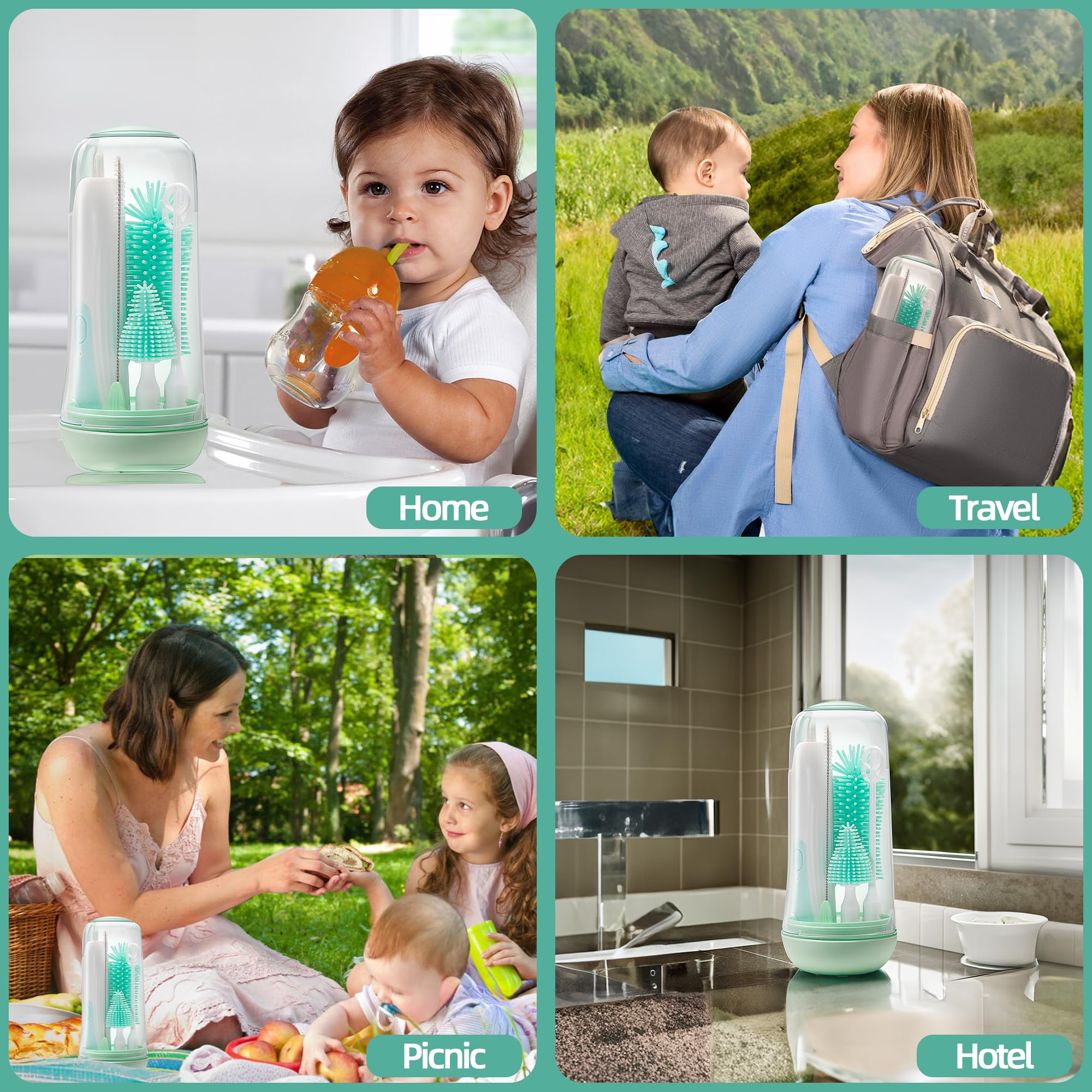 Rechargeable Electric Bottle Brush Cleaner Set - Waterproof Baby Bottle Cleaner with Nipple & Straw Brush - Perfect Travel Essential for New Moms - Great Baby Shower Gift for Pregnancy & Postpartum Use - Green