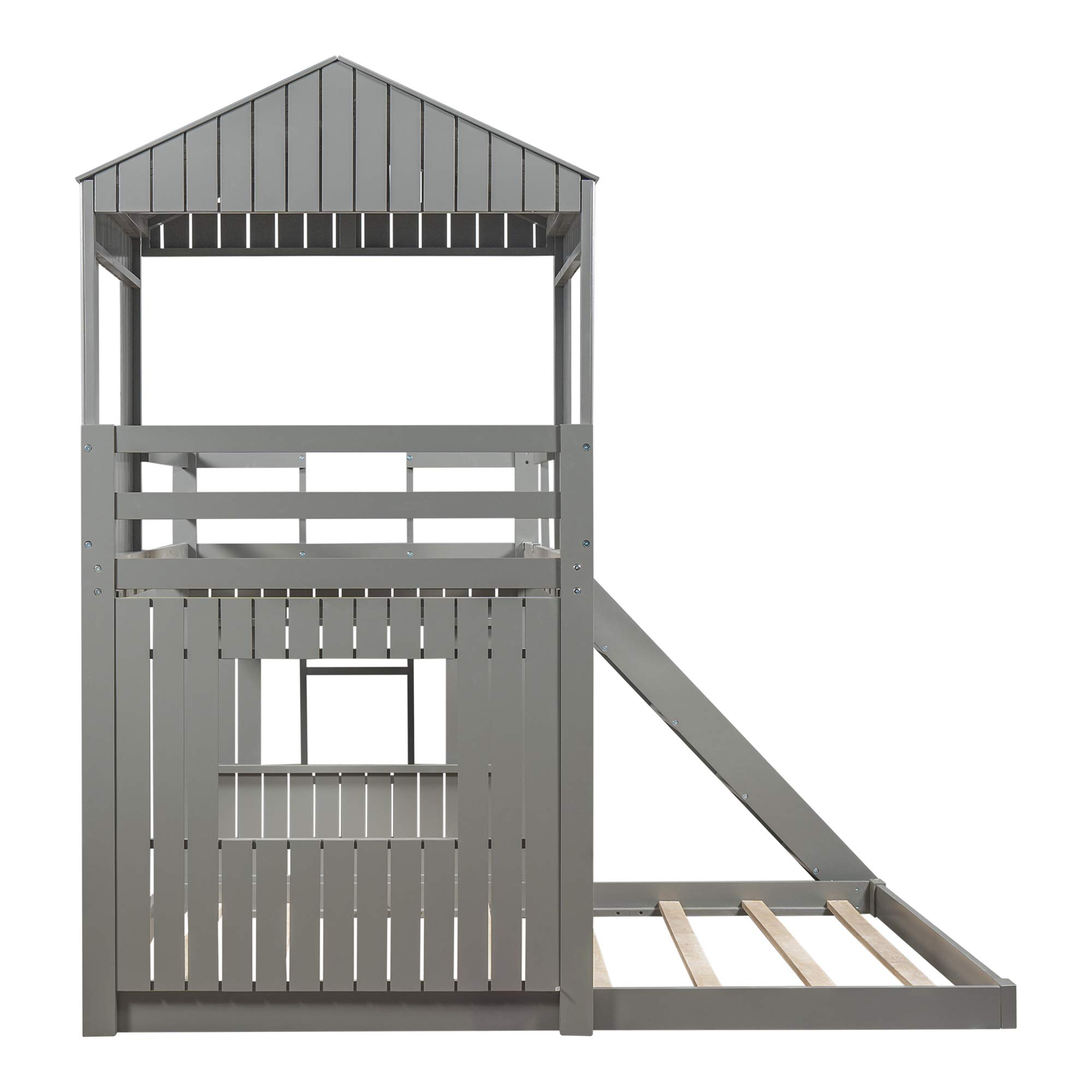 Quarte Twin Over Full Bunk Bed with Slide & Ladder - Solid Wood Loft Bed Frame with Playhouse, Farmhouse Design & Safety Guardrails - Perfect for Teens, Kids, Toddlers, Boys & Girls (Gray-9) - Ideal for Small Bedrooms, Kids' Rooms & Shared Spaces