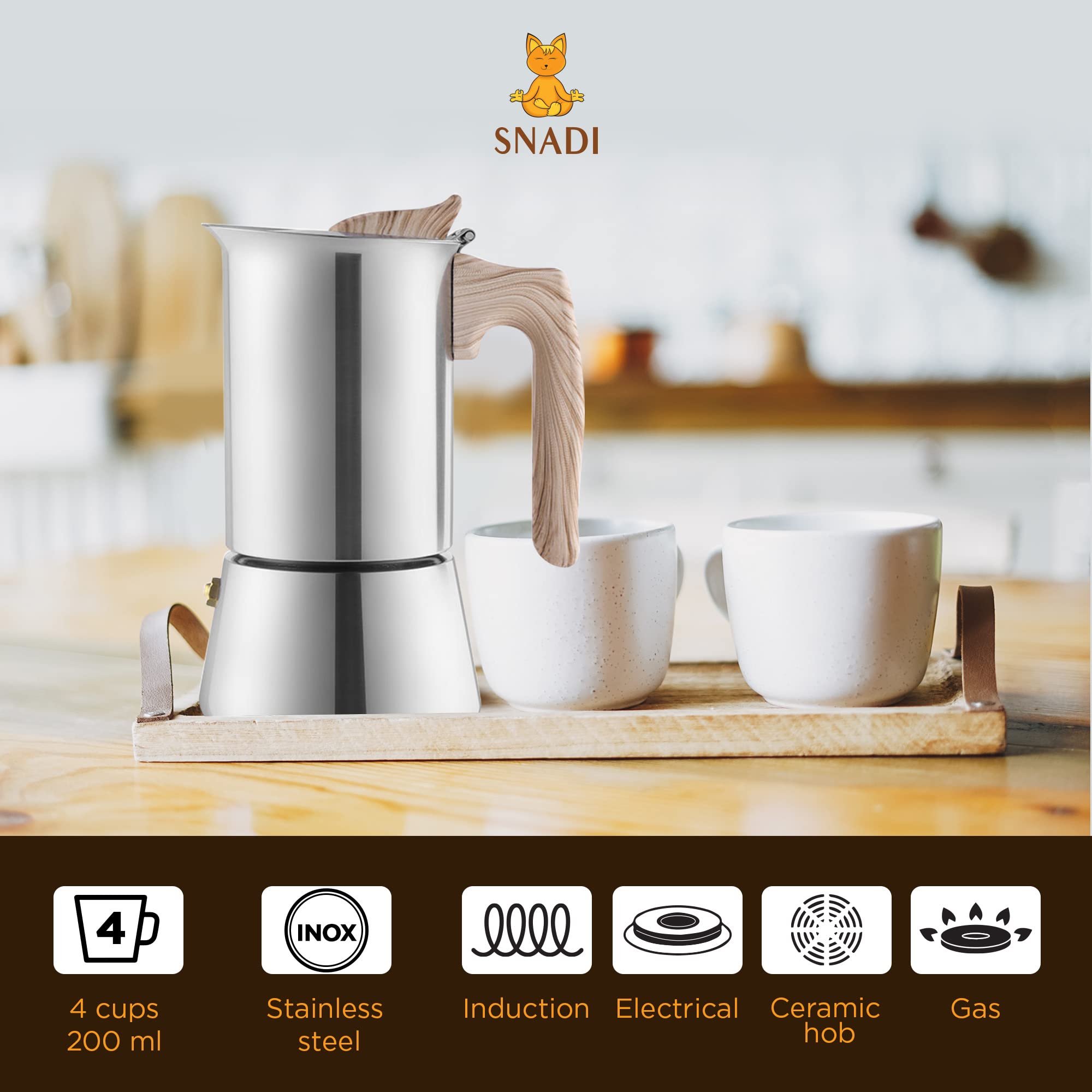 Stainless Steel Moka Pot Italian Coffee Maker - 4 Cup (200ml) Espresso Maker for Induction, Ceramic, Electric & Gas Stoves - Perfect for Home & Professional Kitchens, Camping & Office Use