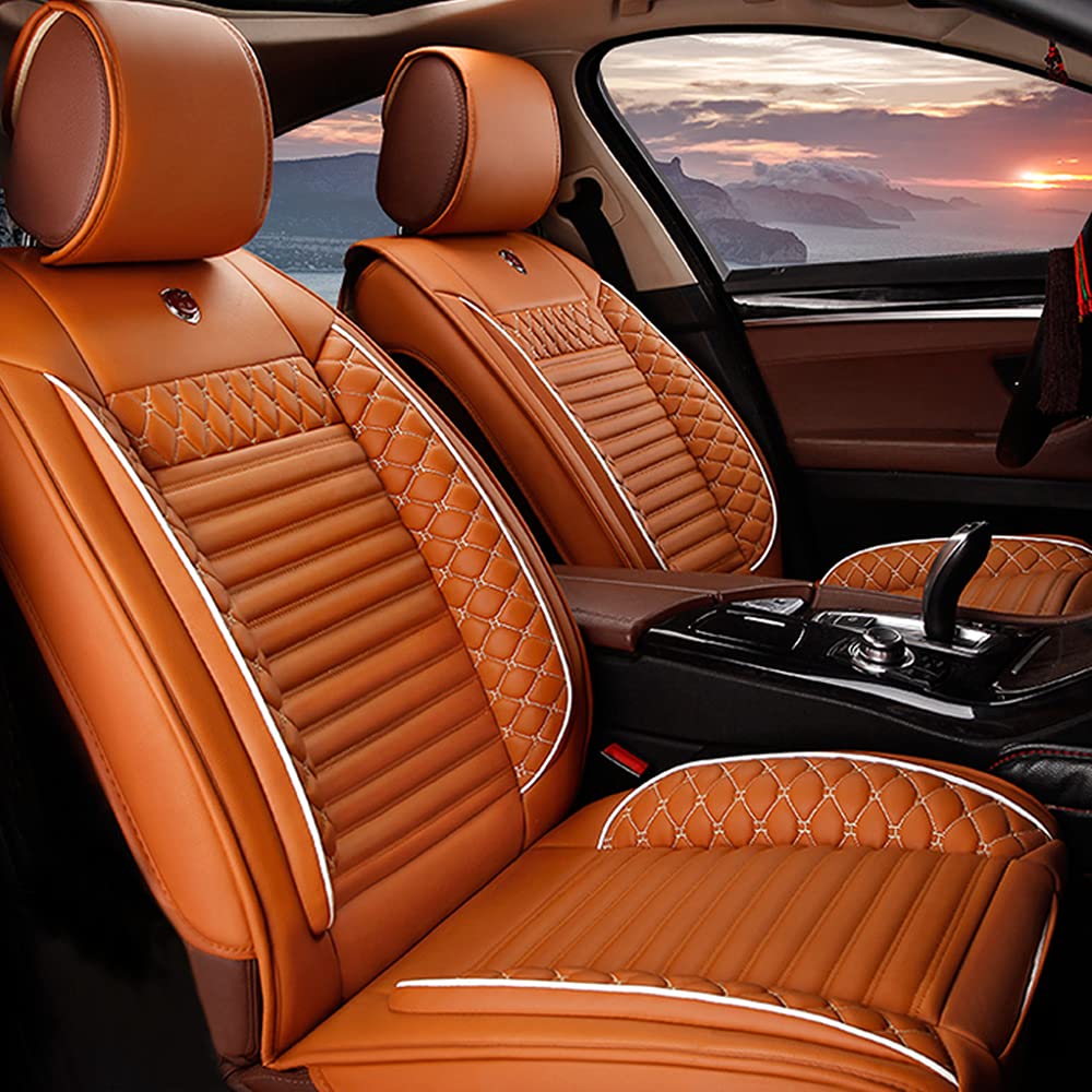 Premium Universal Leather Car Seat Covers Full Set - Luxury Diamond Stitching Design for Cars, SUVs & Trucks | Comfortable & Durable Auto Interior Accessories | Perfect for Road Trips, Commuting & Family Travel (Orange)