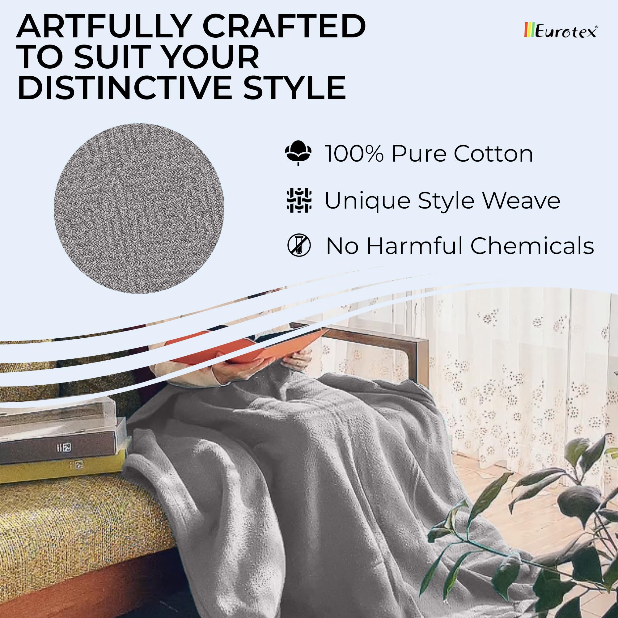 Premium 100% Cotton Twin Size Blanket - All-Season Soft & Breathable Thermal Blanket for Bed, 66x90 Inches, Diamond Cozy Heavy Weight - Grey | Perfect for Fall & Winter Warmth, Guest Rooms, Dorm Comfort, and Cozy Movie Nights