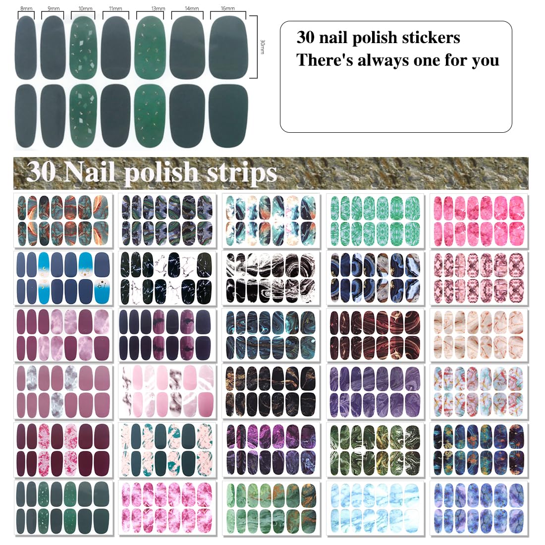 30 Sheets Gradient Color Marbled Nail Polish Strips - Self-Adhesive Press On Nail Stickers with Nail File - Full Nail Wraps for Women - Perfect for Nail Art, Parties, Weddings & Daily Manicures
