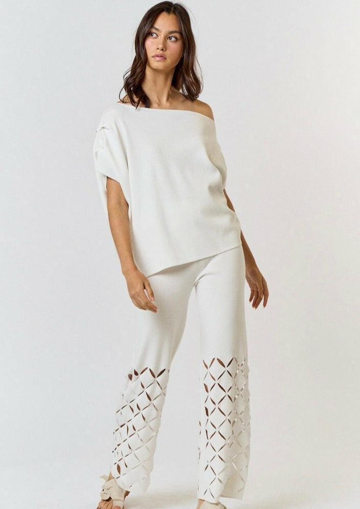 Cut Out Detail Sweater Pants in Off White - Women's Cozy Knit Lounge Pants for Home, Yoga, and Casual Wear