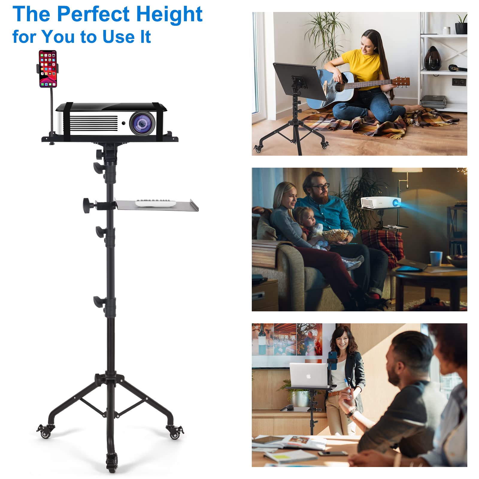 Adjustable Laptop Tripod Stand on Wheels with 2 Shelves & Phone Holder - Portable Projector Floor Stand (25.9 to 51.8 Inch Height) - Perfect for Home Office, Classroom Presentations & Mobile Workstations
