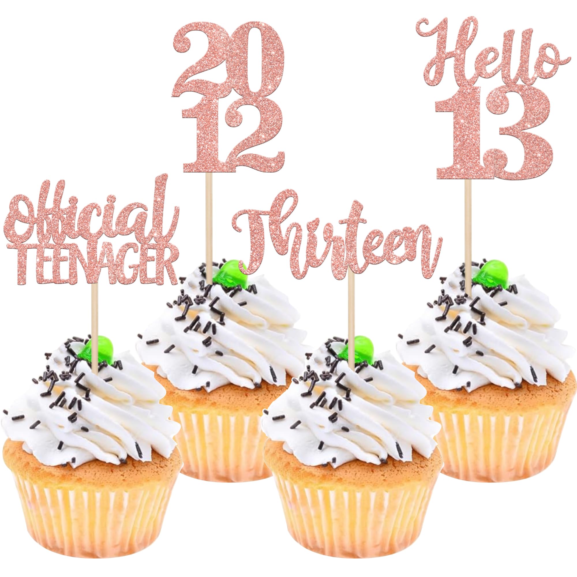 24 PCS Glitter Rose Gold 13th Birthday Cupcake Toppers - Hello Cheers 13 Thirteen Official Teenager Since 2012 - Cake Decorations for Happy 13th Birthday Party Supplies (Perfect for Teen Birthday Celebrations, Anniversary Parties & Cake Decorating)