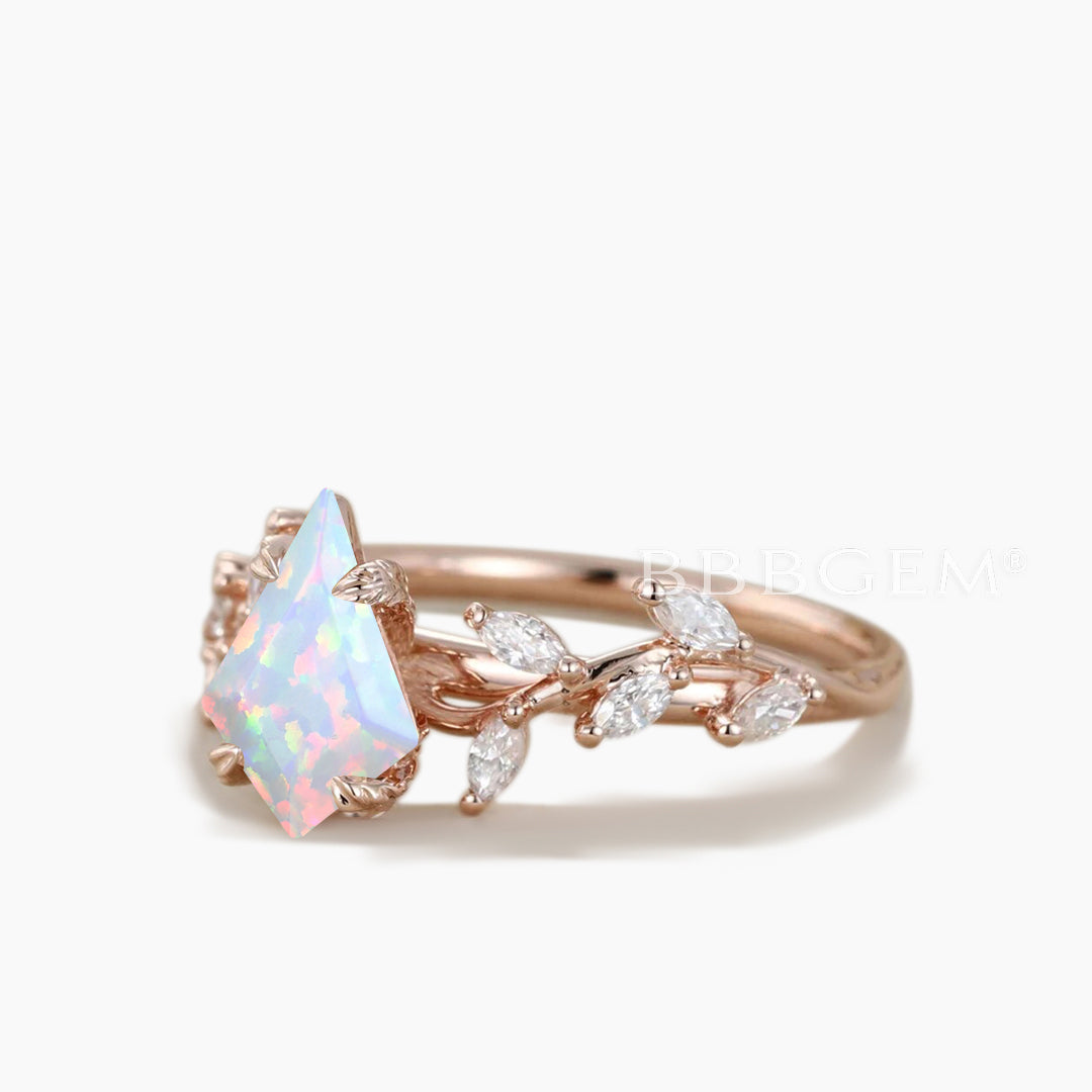 White Opal Engagement Ring - Kite Cut Cluster Leaf Vine Bridal Bypass Ring for Women | Perfect for Weddings, Anniversaries & Romantic Occasions
