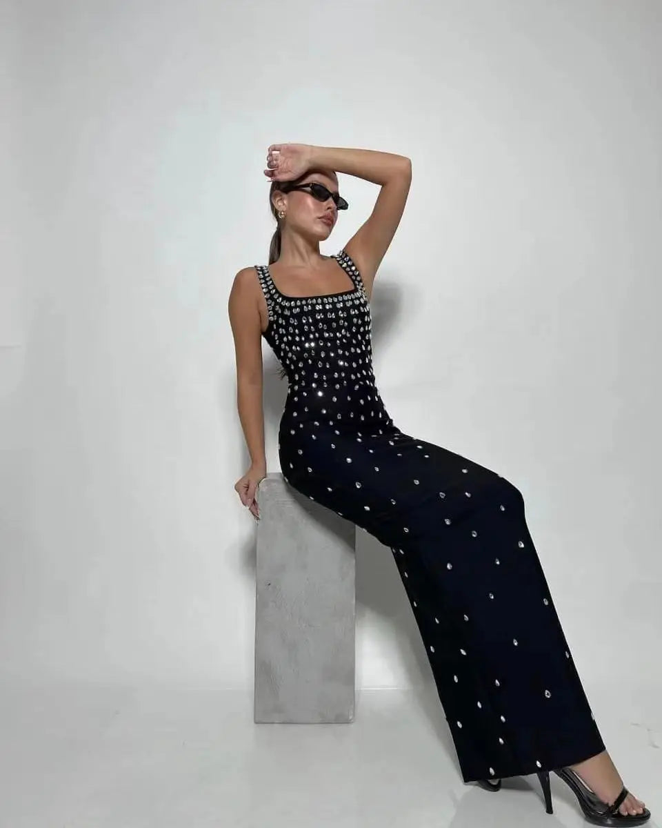 Black & Sky Blue Women's Sleeveless Sexy O-Neck Crystal Bodycon Bandage Long Dress - Perfect for Nightclub Parties, Evening Events & Special Occasions