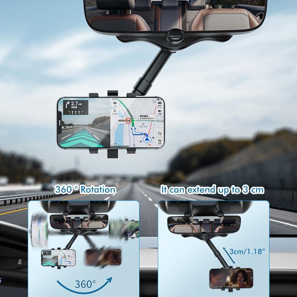 360° Rotatable & Retractable Car Phone Holder - Universal Rearview Mirror Mount for iPhone, Samsung & Smartphones - Perfect for GPS Navigation, Hands-Free Calls & Road Trips