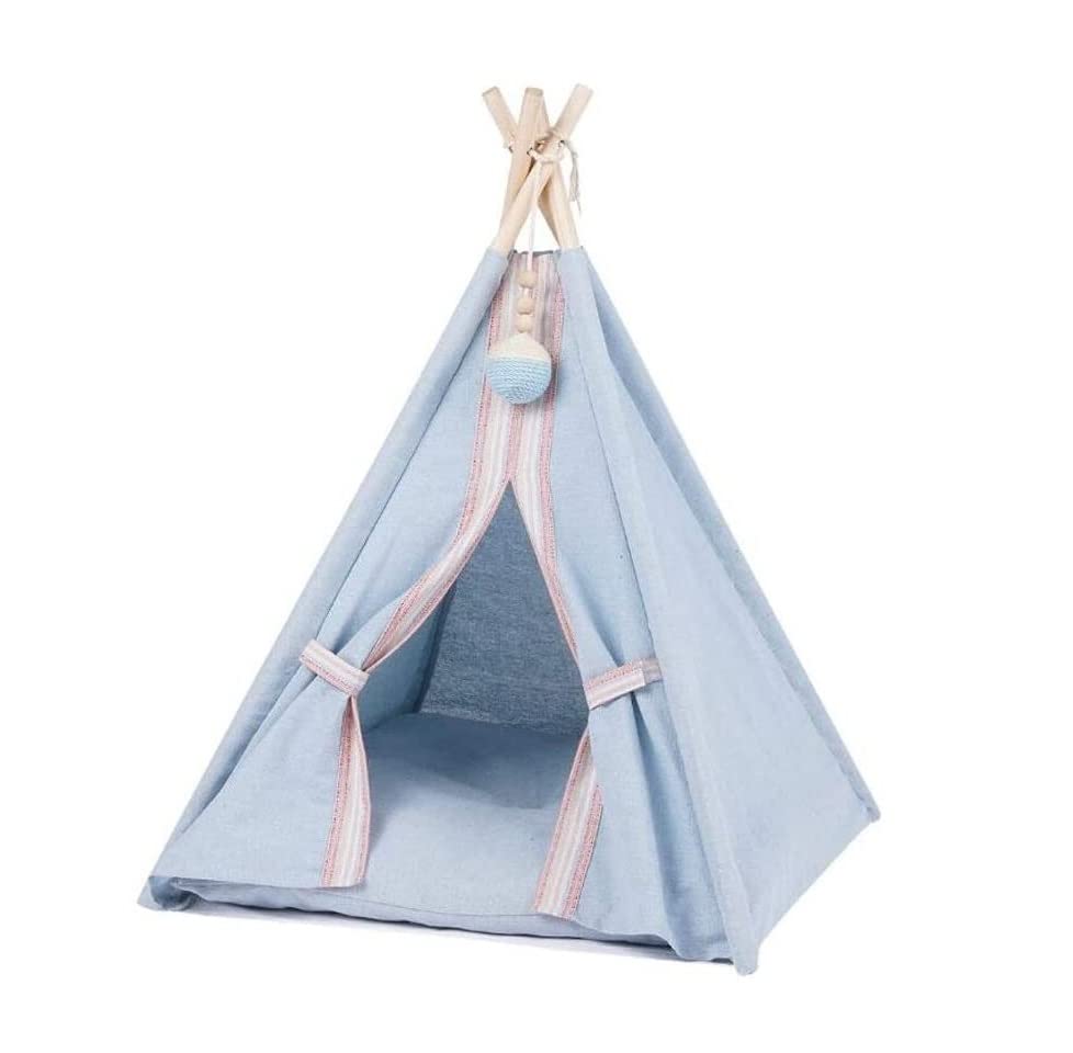 Cozy Pet Teepee House - Foldable Dog Bed & Cat Bed with Soft Cushion, Pompom Kennel - Calming Pet Nest for Small to Medium Dogs & Cats - Perfect for Indoor Lounging, Napping & Stress Relief