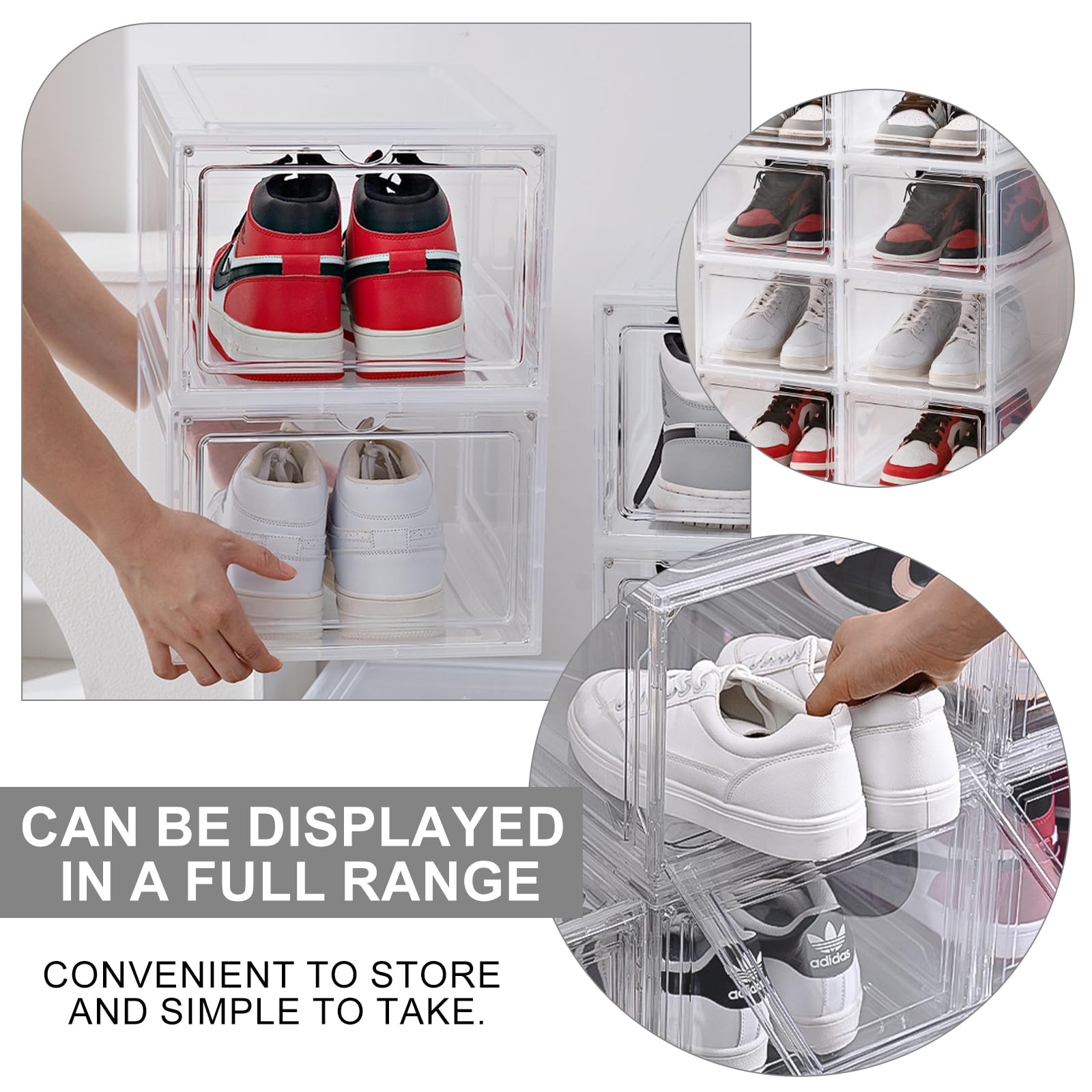 6 Pack Clear Plastic Shoe Organizer Boxes - 19.5 Qt Stackable Drop Front Shoe Storage with Magnetic Lids | Perfect for Closet, Office & Home Organization | Durable Hard Box Containers for Shoes, Accessories & Small Items