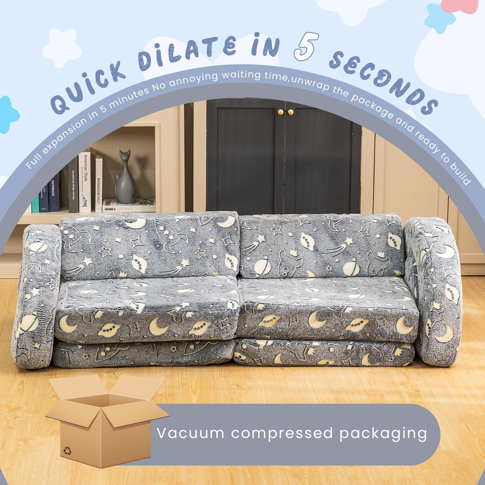 10Pcs Modular Kids Play Couch with Glow - Convertible Play Fort Sofa for Toddlers | Instant Rebound 28D Foam | Playroom & Bedroom Furniture | Gray & Space Theme | Perfect for Indoor Playtime, Sleepovers & Creative Fun