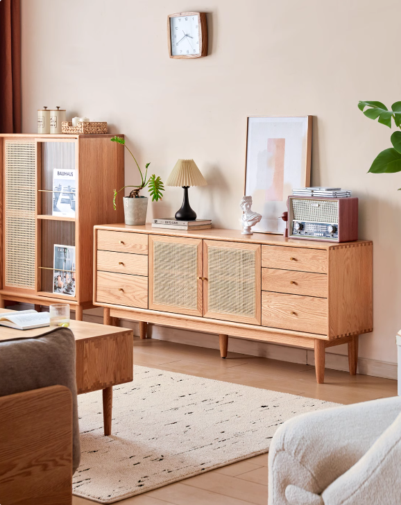 Modern Oak Solid Wood Rattan TV Stand with Storage - Entertainment Center for Living Room, Bedroom & Home Theater Setup