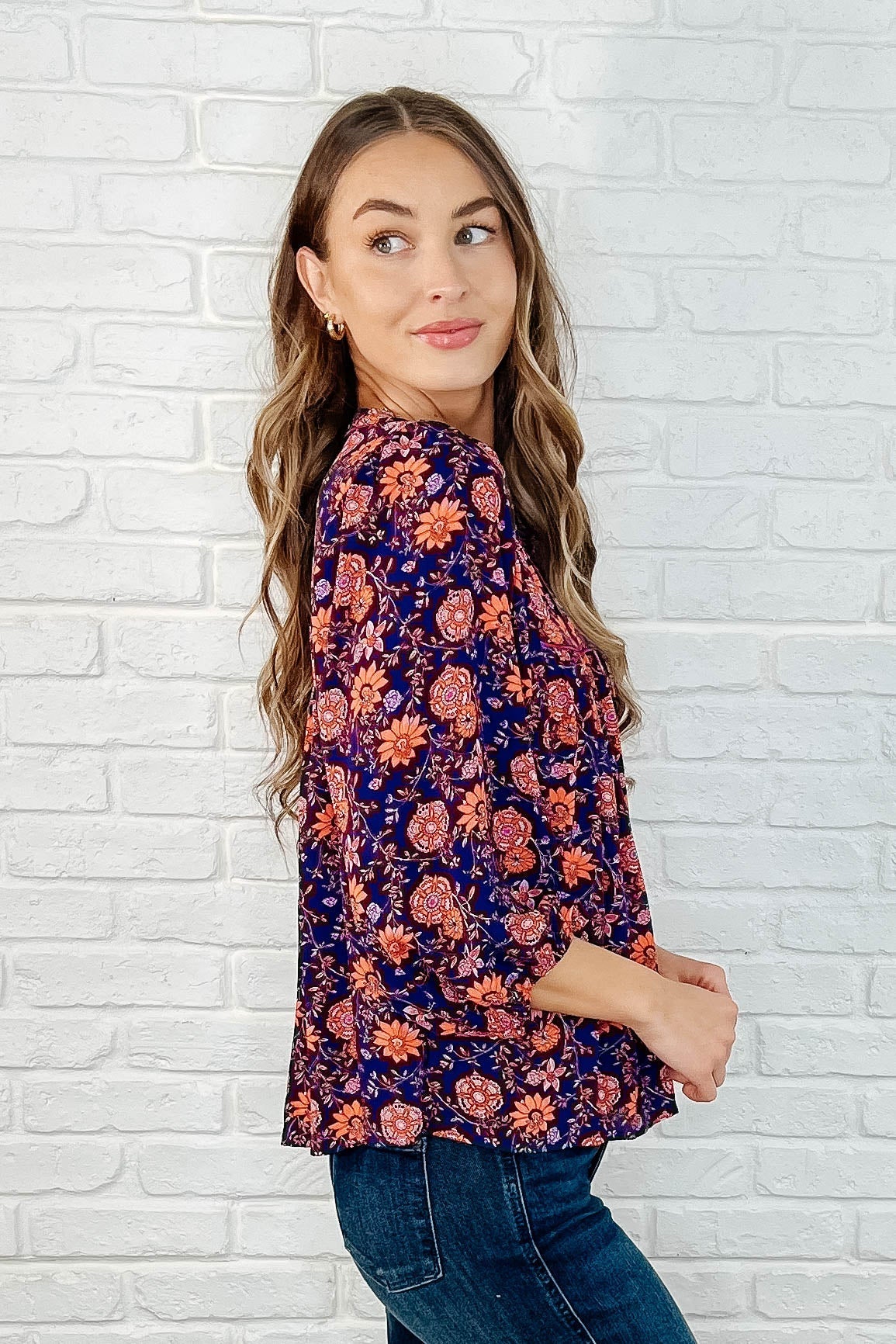 Hiterto Unknown Floral Babydoll Blouse - Women's Elegant Floral Print Top for Casual Wear & Date Nights