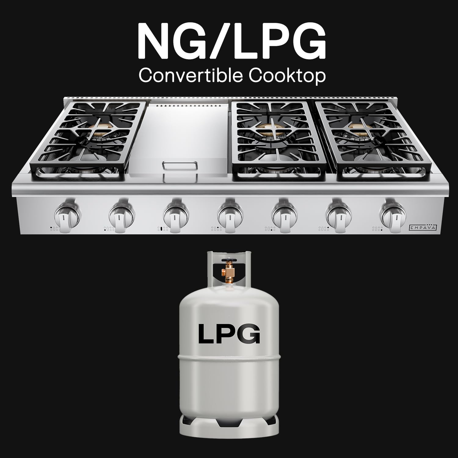 Empava 48-Inch Professional Slide-In Natural Gas Rangetop with 6 Sealed Ultra High-Low Burners, Heavy Duty Continuous Grates & Infrared Griddle - Stainless Steel, Silver - Perfect for Home Chefs & Commercial Kitchens