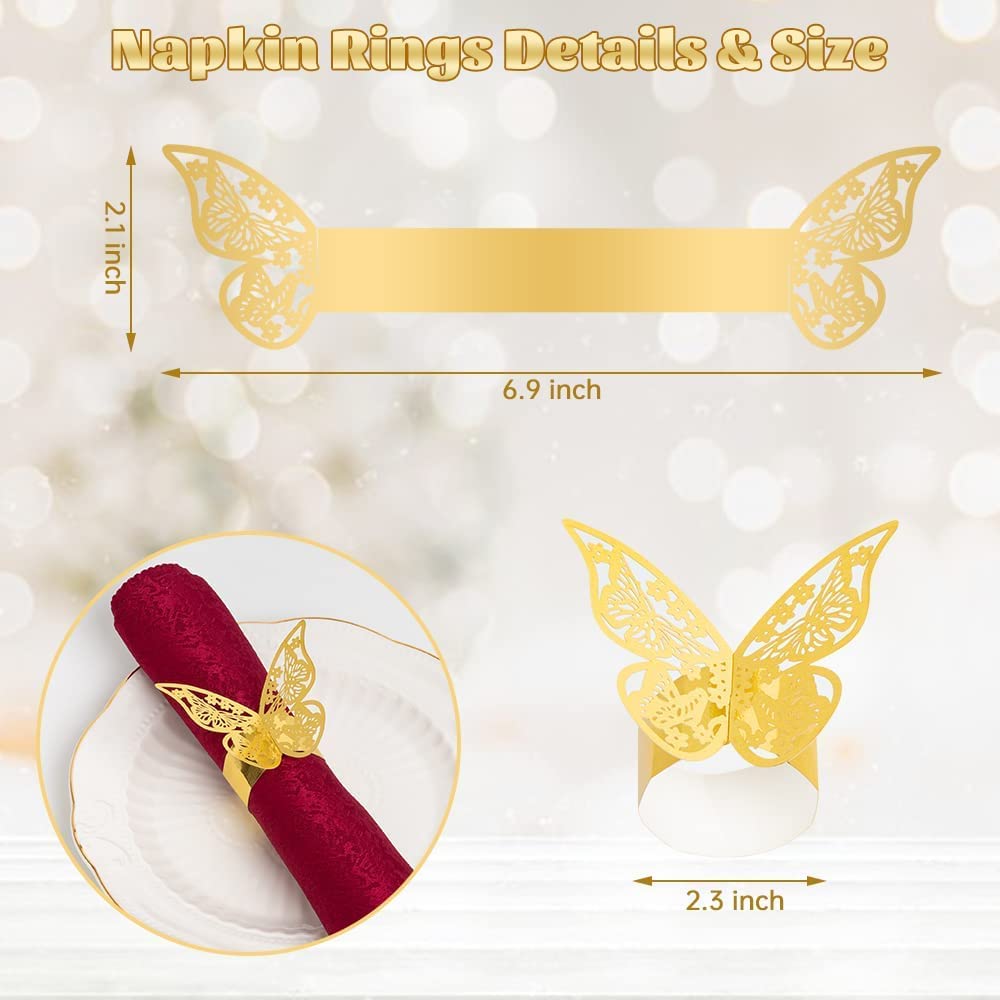 150 Pcs Gold Laser Cut Butterfly Napkin Rings - Elegant Foil Paper Napkin Holders for Wedding, Party & Restaurant Table Decor - Perfect for Holiday Dinners, Bridal Showers & Fine Dining Events