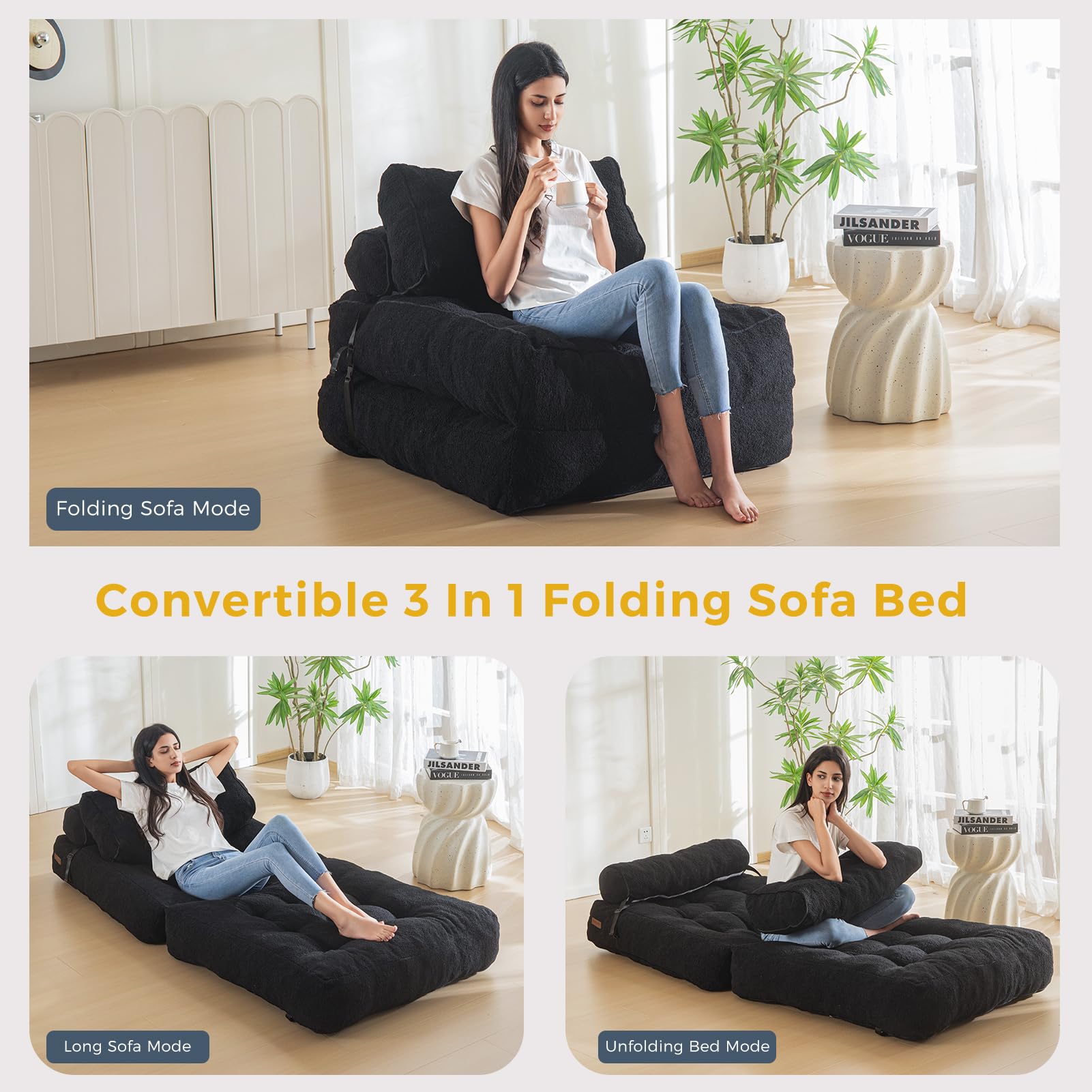 MAXYOYO Fuzzy Folding Sofa Bed - Convertible Sleeper Chair with Pillow & Foldable Mattress, Back Support for Living Room, Guest Room & Small Spaces (Black)