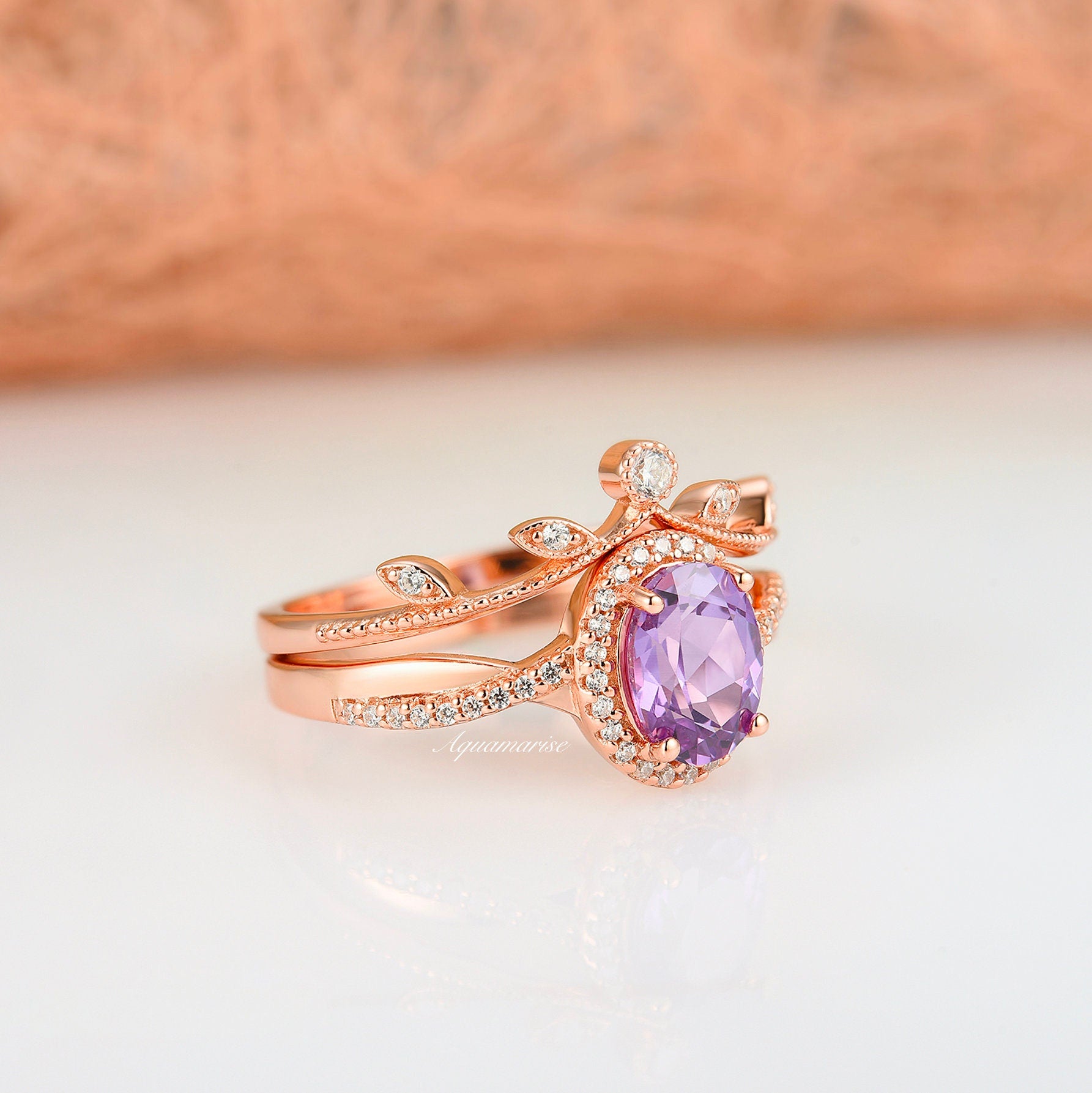 14K Rose Gold Vermeil Gemma Amethyst Ring Set - Elegant Stackable Rings for Women, Perfect for Valentine's Day, Anniversary & Everyday Wear