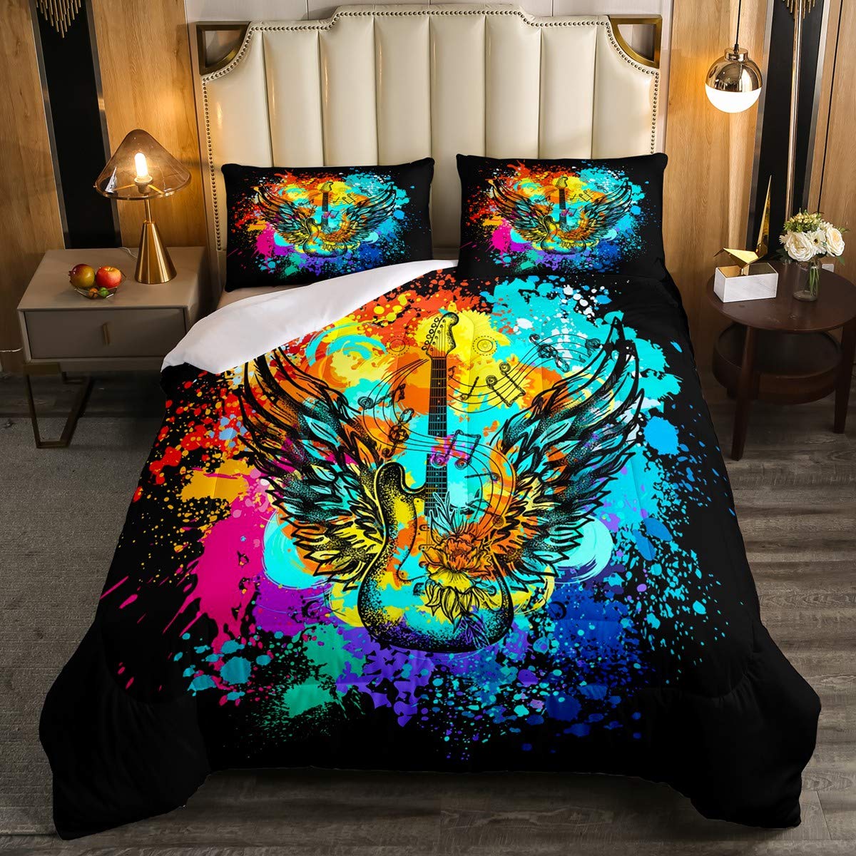 Erosebridal Teens Guitar Comforter Set Twin Size - Tie Dye Watercolor Bohemian Bedding for Boys & Youth | Musical Note Duvet Cover for Bedroom & Living Room Decor - Perfect for Teen Music Lovers & Hippie Style Rooms