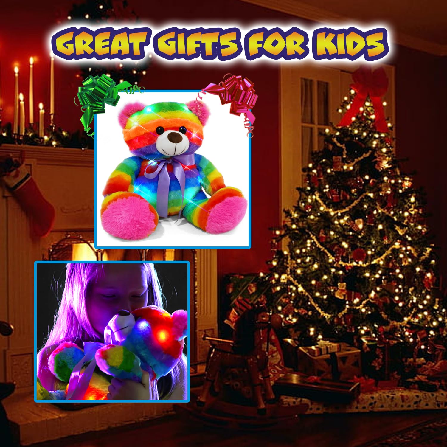 Rainbow LED Light Up Teddy Bear Plush Toy - 16 Inch Soft Stuffed Animal with Glow Effects, Batteries Included - Perfect Night Light & Cuddly Sleep Companion for Kids, Girls Bedroom Decor & Gift Idea