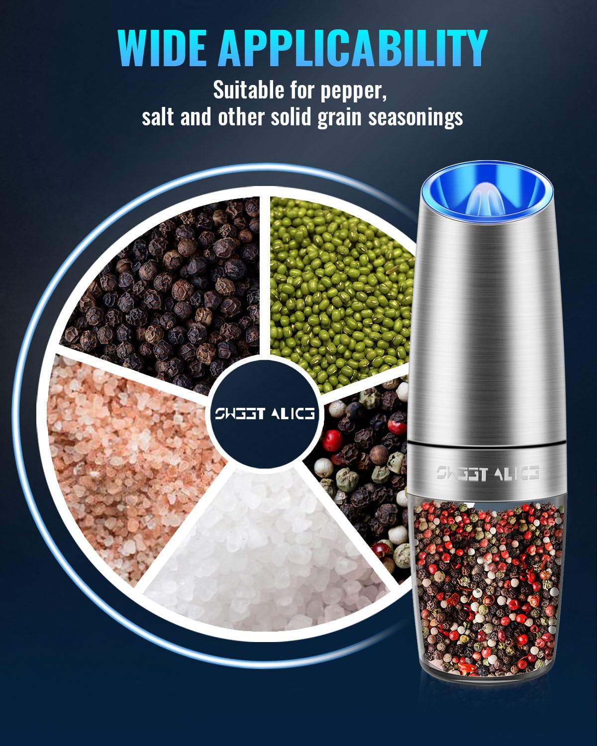 Premium Electric Salt and Pepper Grinder Set - Battery Powered with Adjustable Coarseness & LED Light - One Hand Automatic Operation - Stainless Steel Mill for Kitchen, Dining Table, or Outdoor BBQ (Silver)
