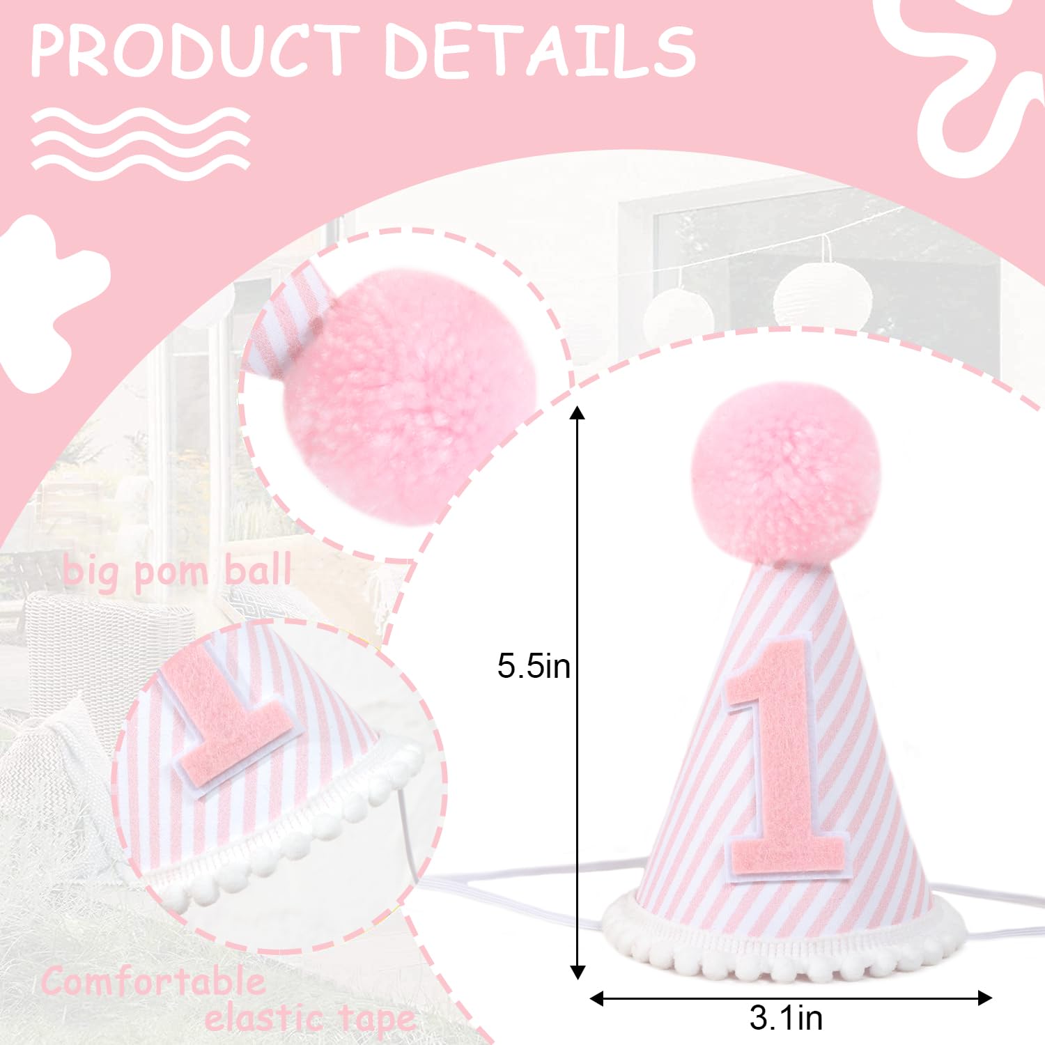 Pink & White First Birthday Party Hat for Girls - 1st Birthday Crown with Photo Props, Baby Shower Decorations, and Dress Up Accessories | Perfect for Birthday Parties, Photo Shoots, and Special Celebrations