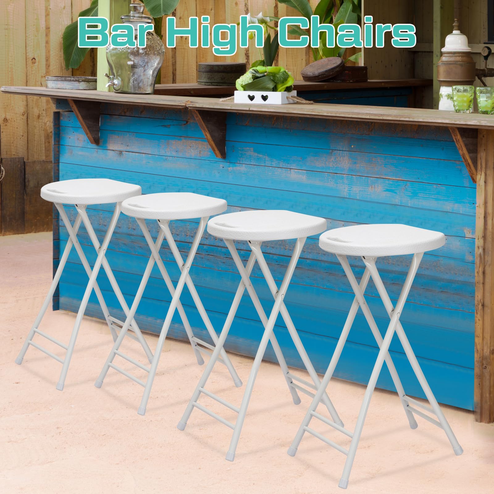 Suzile 2 Pack 24 Inch Folding Stool Chairs - Heavy Duty Portable Plastic Bar Stools with Handle for Adults, 300lbs Capacity - Perfect for Kitchen Counter, Home, Camping, Indoor & Outdoor Use (White)