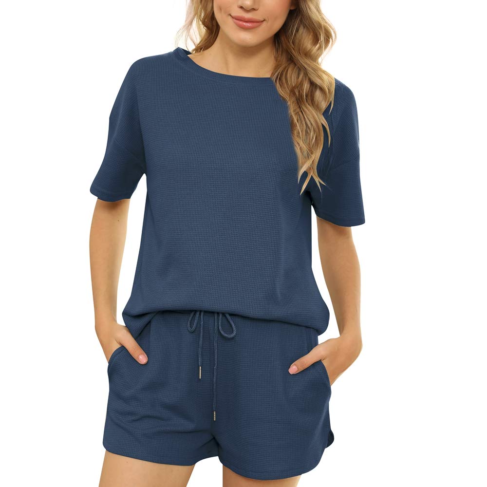Tongzone Women's Waffle Knit Pajama Set - Short Sleeve Top & Shorts with Pockets | Soft Athletic Loungewear & Sleepwear for Home, Yoga, and Relaxation