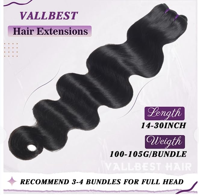 Vallbest 16A Body Wave Human Hair Bundles 14 16 18 Inch - 100% Unprocessed Brazilian Virgin Hair Extensions for Weaving (3 Bundles, Natural Black) - Perfect for Salon Styling, Daily Wear & Special Occasions
