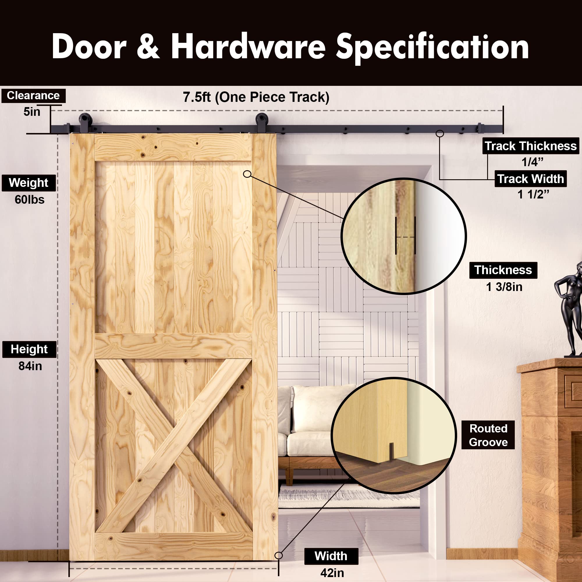 Homacer Black Rustic Non-Bypass Sliding Barn Door Hardware Kit - Single Door System for 42
