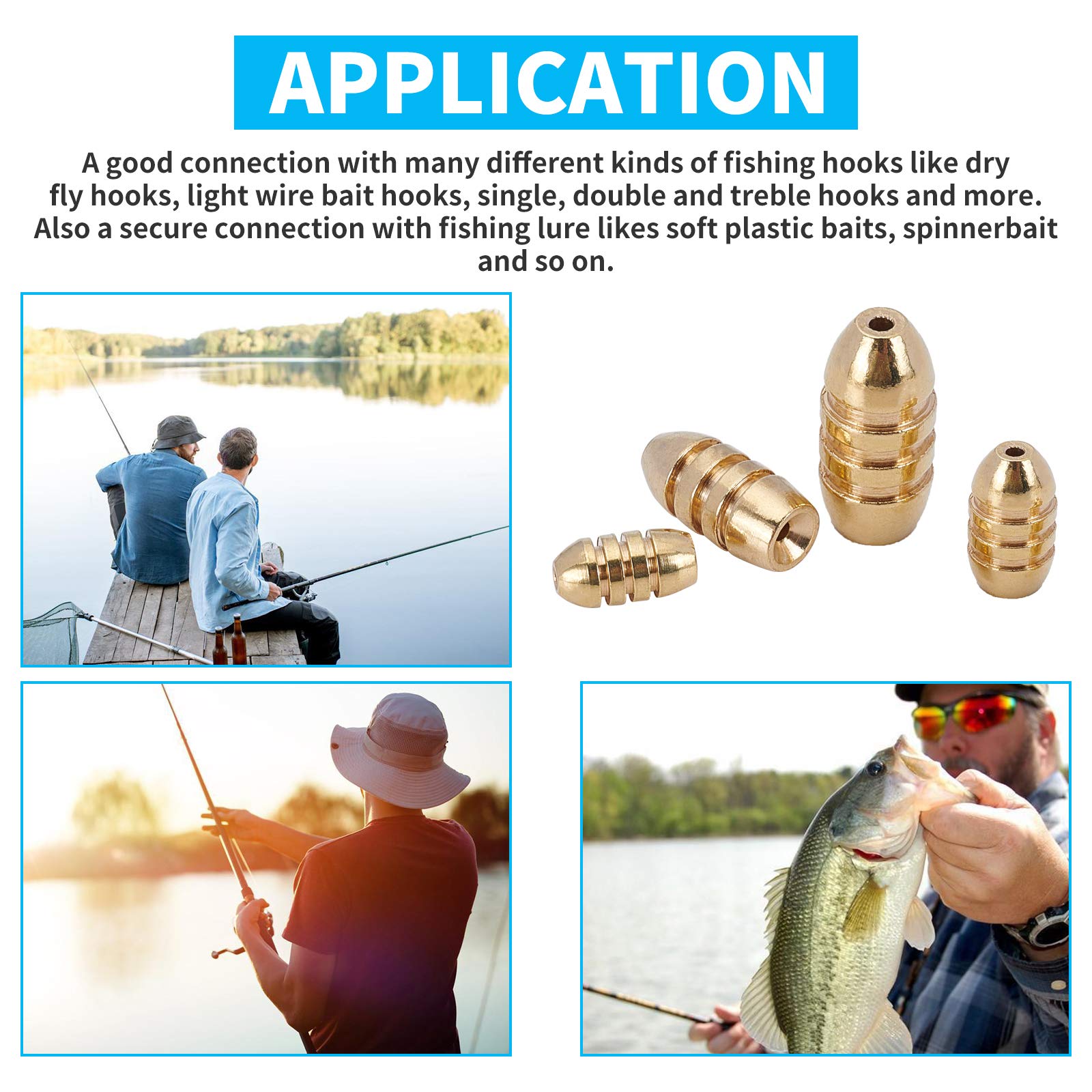 52PCS 5-Size Golden Brass Fishing Weights Sinkers - Grooved Bullet Shape for Freshwater & Saltwater Bass Fishing - Perfect for Shore, Boat and Ice Fishing