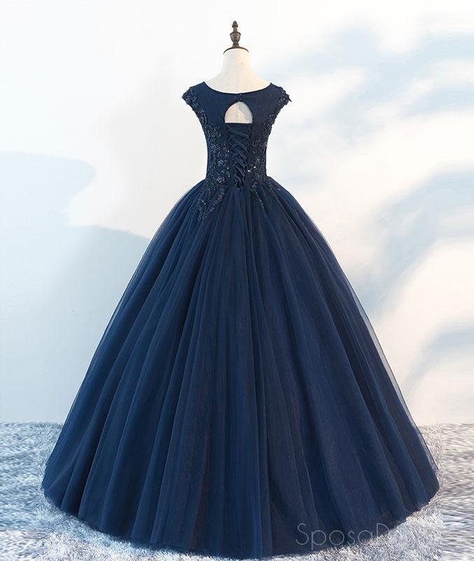Elegant Navy Cap Sleeves Ball Gown Tulle Long Evening Prom Dress for Women - Custom Sweet 16 Dresses for Formal Events, Homecoming, Quinceañera & Special Occasions