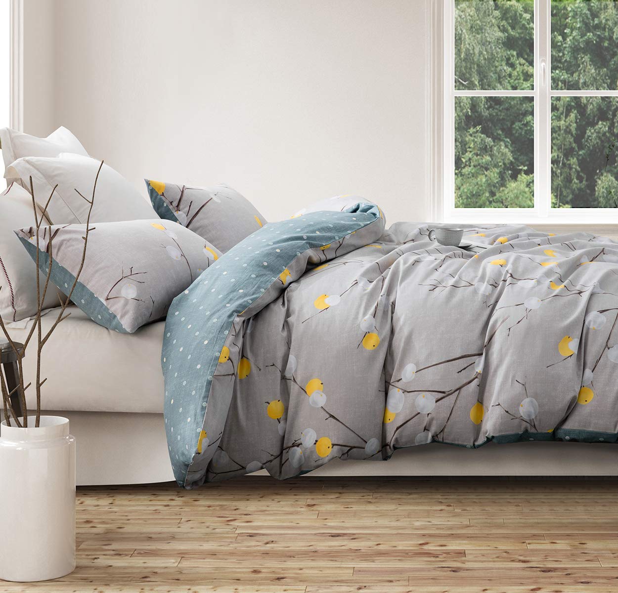 SleepBella King Size Duvet Cover - 600 Thread Count 100% Cotton Grey Branch with Yellow Turquoise Polka Dot Pattern, Reversible Comforter Cover (King, Grey Branches) for Bedroom Decor & Guest Room Styling