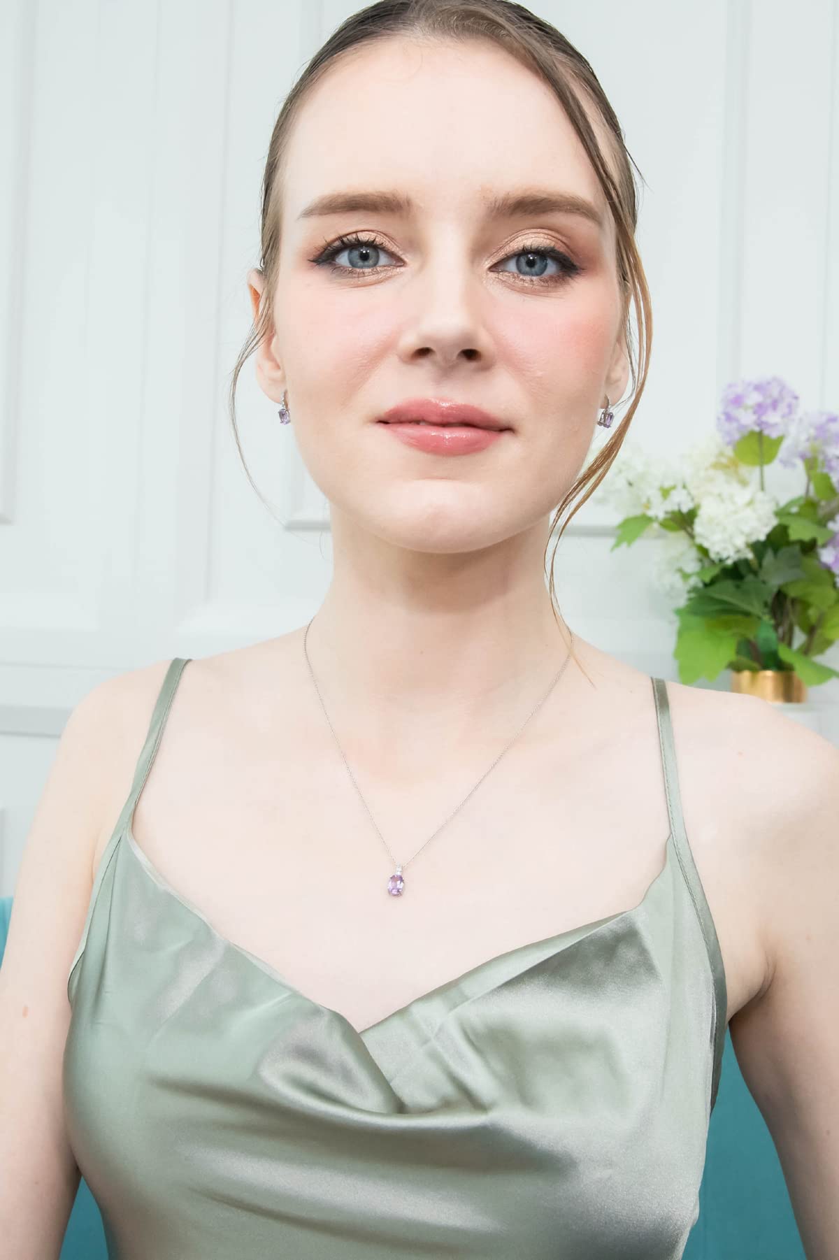 Elegant Sterling Silver Jewelry Set for Women - Oval Dainty Necklace & Drop Earrings with Genuine Synthetic Birthstone | Perfect Gift for Birthday, Anniversary & Special Occasions | Trendy Pendant Necklace & Huggie Earrings Set for Everyday Wear or Formal Events