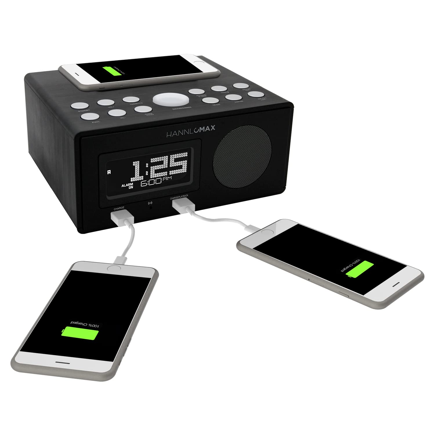 HANNLOMAX HX-202Qi Wireless Charging Alarm Clock Radio with Bluetooth, 10W Fast Charging, Dual USB Ports, Temperature Display & Nightlight - Perfect for Bedroom, Office, Travel (Black)