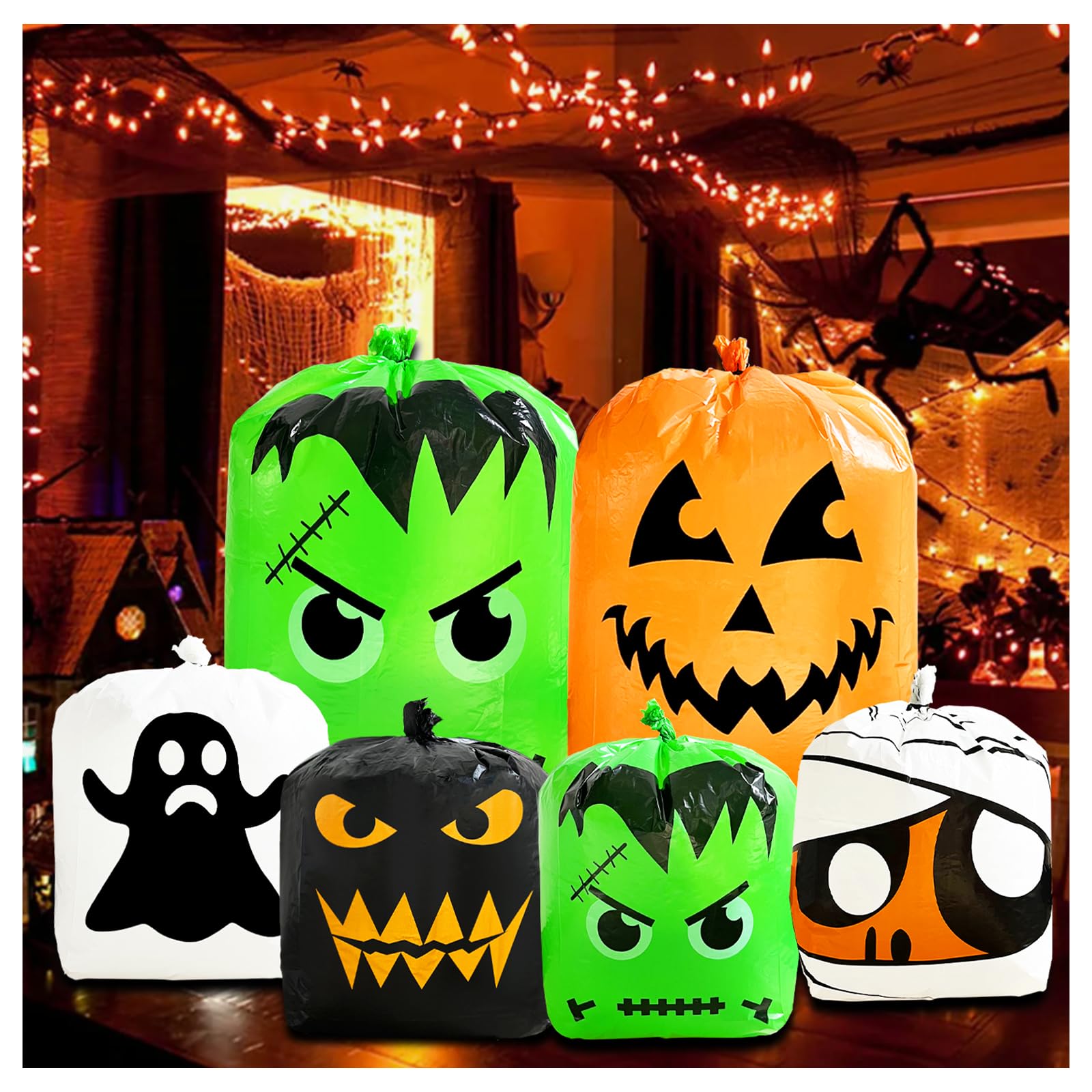 6-Piece Halloween Pumpkin Leaf Bags Set - 5 Spooky Designs for Outdoor Decor (2 Large 48x36