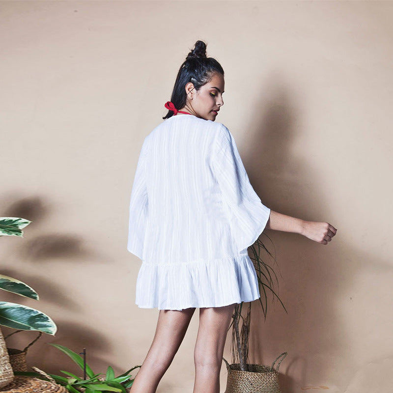 Women's Cotton Jacquard Button-Up Loose Sleeve Sun Protection Shirt - Perfect for Beach, Outdoor Activities & Summer Fashion