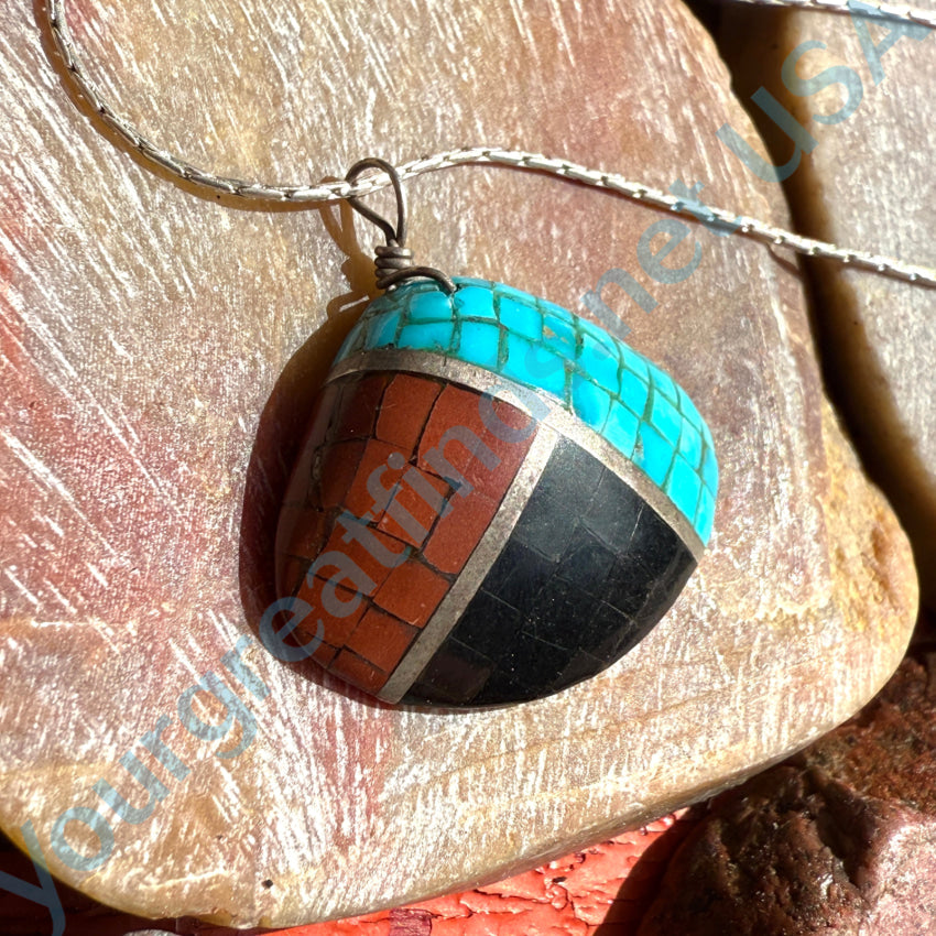 Vintage Native American Turquoise Mosaic Sterling Silver Necklace - Handcrafted Southwest Jewelry for Women, Perfect for Boho Fashion & Special Occasions