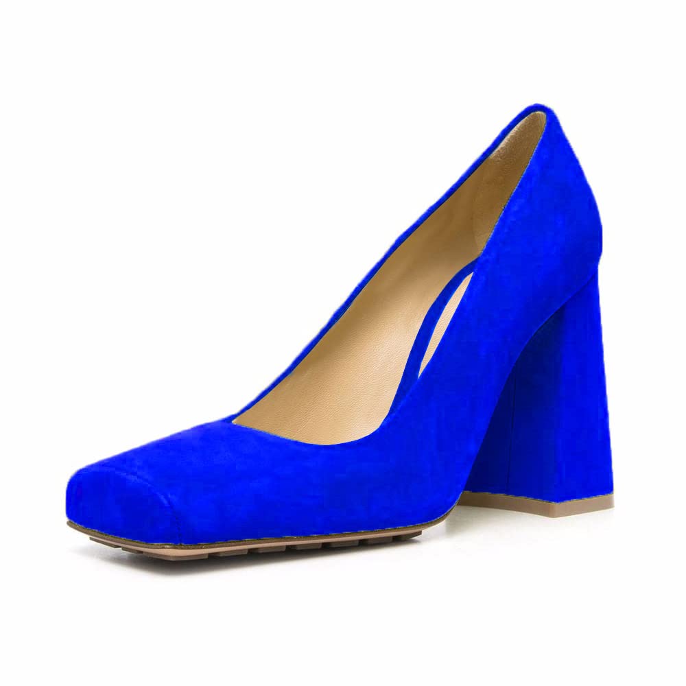 Women's Vegan Suede Chunky Heel Square Toe Pumps - Comfortable High Heel Dress Shoes for Party, Wedding & Office Wear