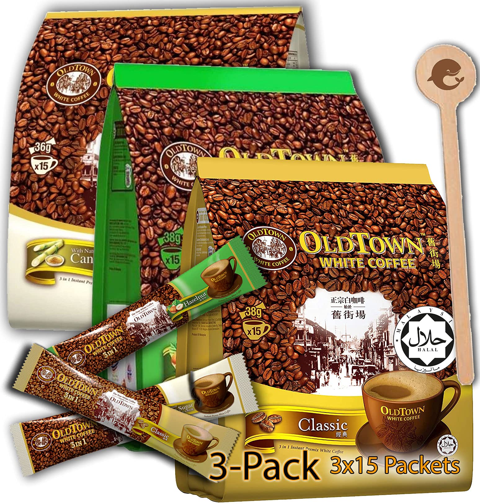 Old Town 3-in-1 Instant Coffee Mix (45 Packets) - Classic, Hazelnut & Sugar Cane Flavors with Stirrer Sticks | Perfect for Office, Travel & Home Brewing