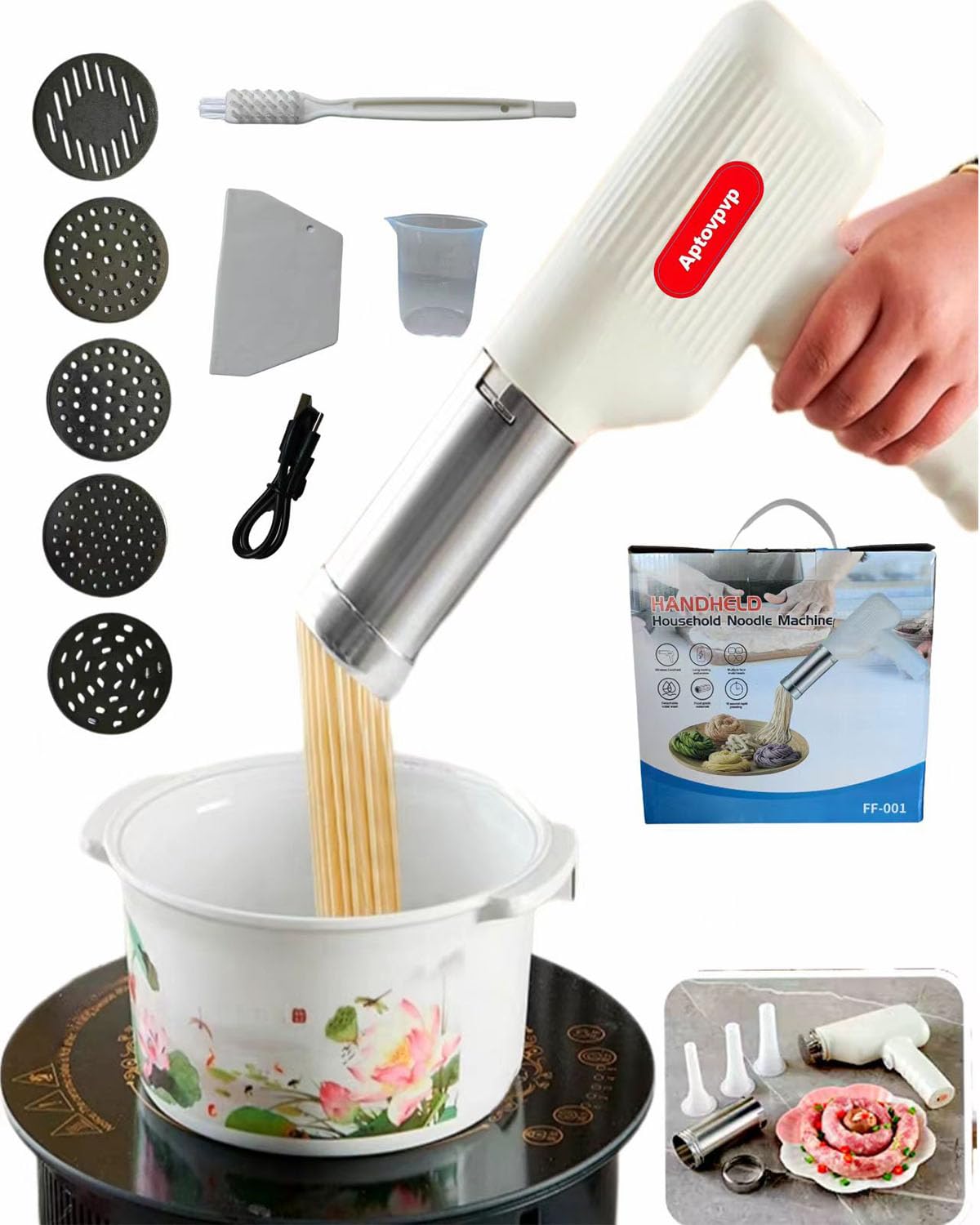 Electric Noodle Maker Machine - Handheld Wireless Pasta Press for Homemade Italian Pasta, Sausage & Dumplings | 3 Filling Tubes & Molding Mold Included | Perfect for Kitchen, Camping & Quick Meals