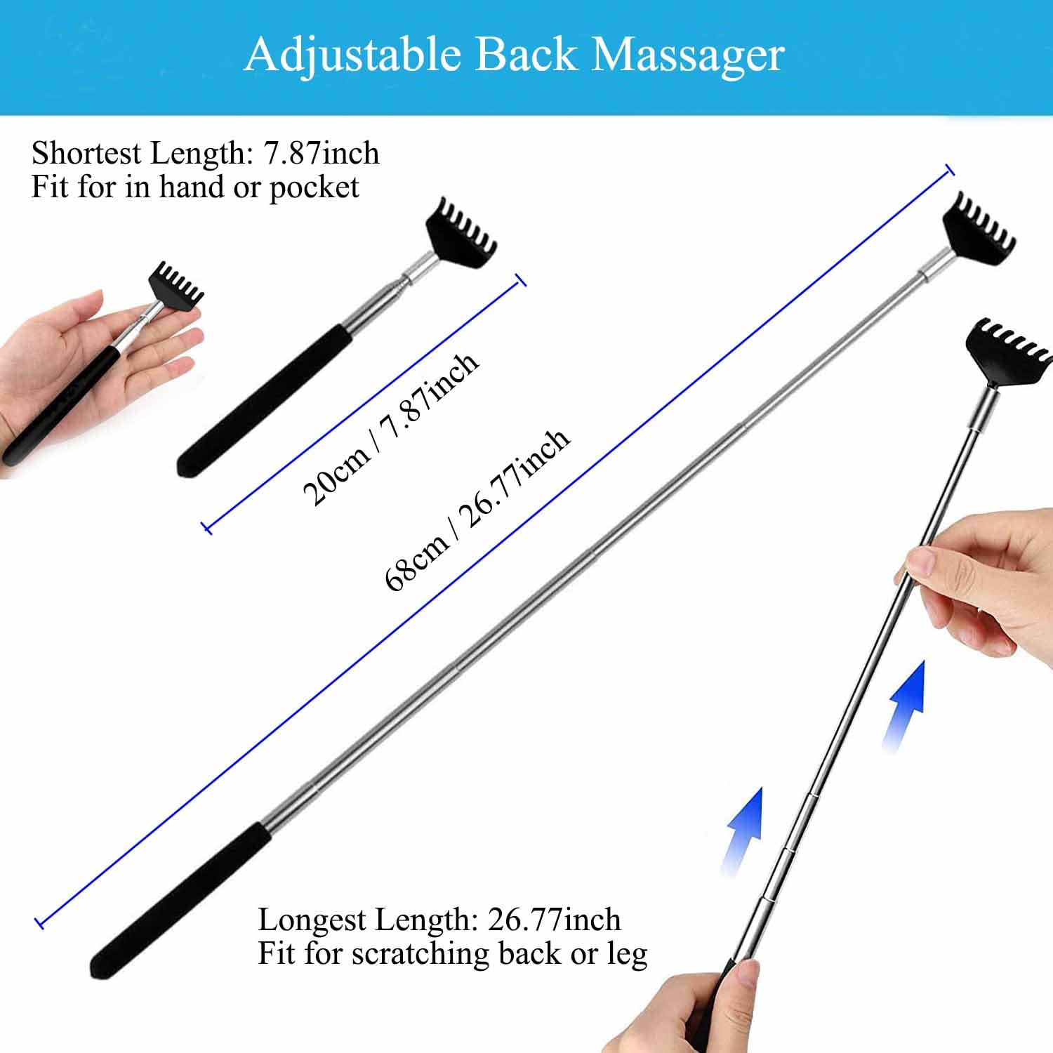 Extendable Back Scratcher with Telescopic Handle (8.26-26.77 Inches) - Christmas Gift Boxed Back Massage Tool - Perfect for Stocking Stuffers & Itch Relief at Home, Office, or Travel