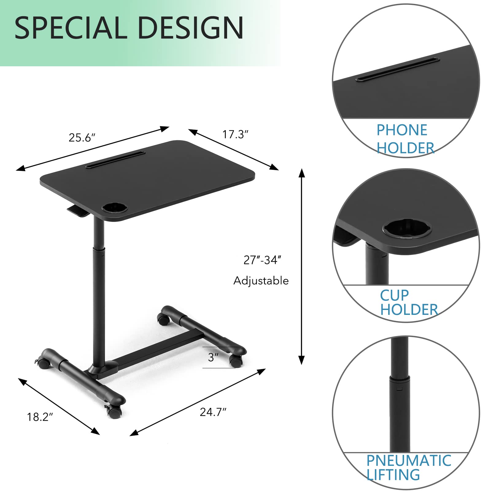 Adjustable Overbed Table with Wheels - Rolling Tray Table for Hospital Bed, Bedside Laptop Desk - Portable Mobile Work Surface for Eating, Working, Reading in Bed (Black) - Perfect for Patients, Elderly Care & Home Office Use